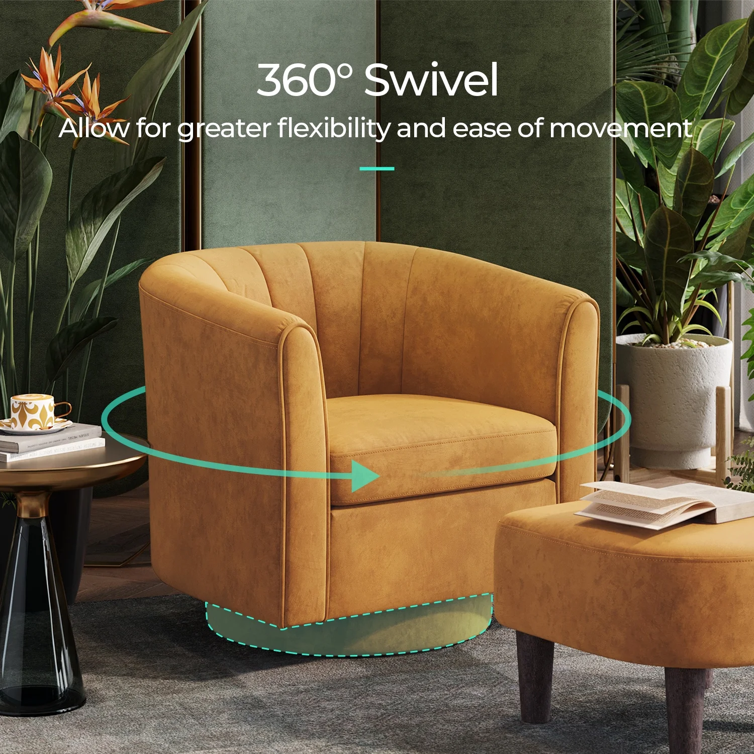 LINSY HOME Swivel Accent Chair with Ottoman, Velvet Barrel Chair for Living Room, Blue - Image 14