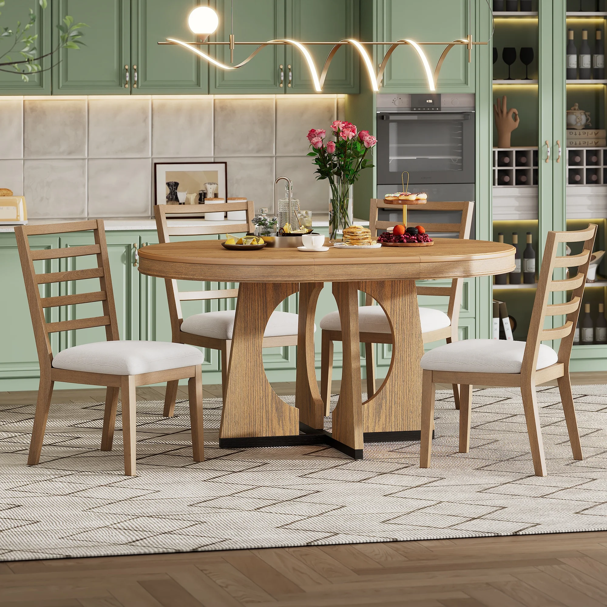 Atumon Round Dining Room Set for 4, Dining Set Furniture with Extendable Table and 4 Upholstered Chairs, 5 Piece Wood Dining Table Set, Farmhouse Dining Table Set for Kitchen Dining Room, Natural