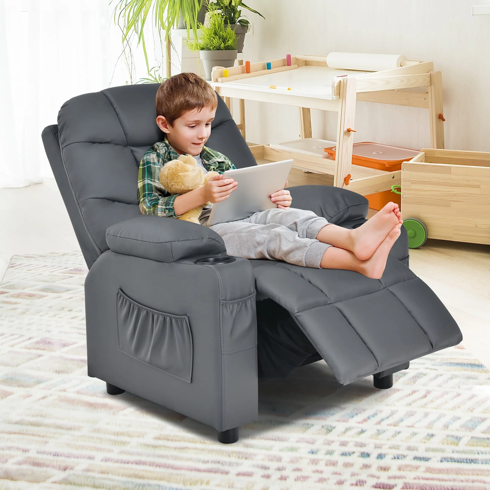 Costway Kids Youth Recliner Chair PU Leather w/Cup Holders & Side Pockets Grey - Image 5