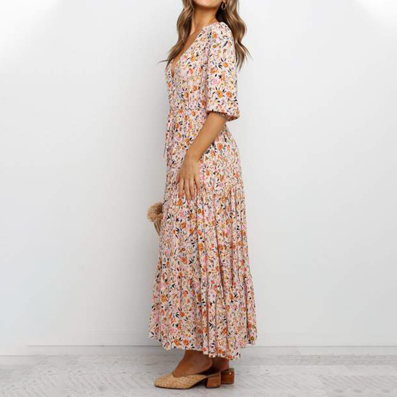 Pleated Floral Print Maxi Dress