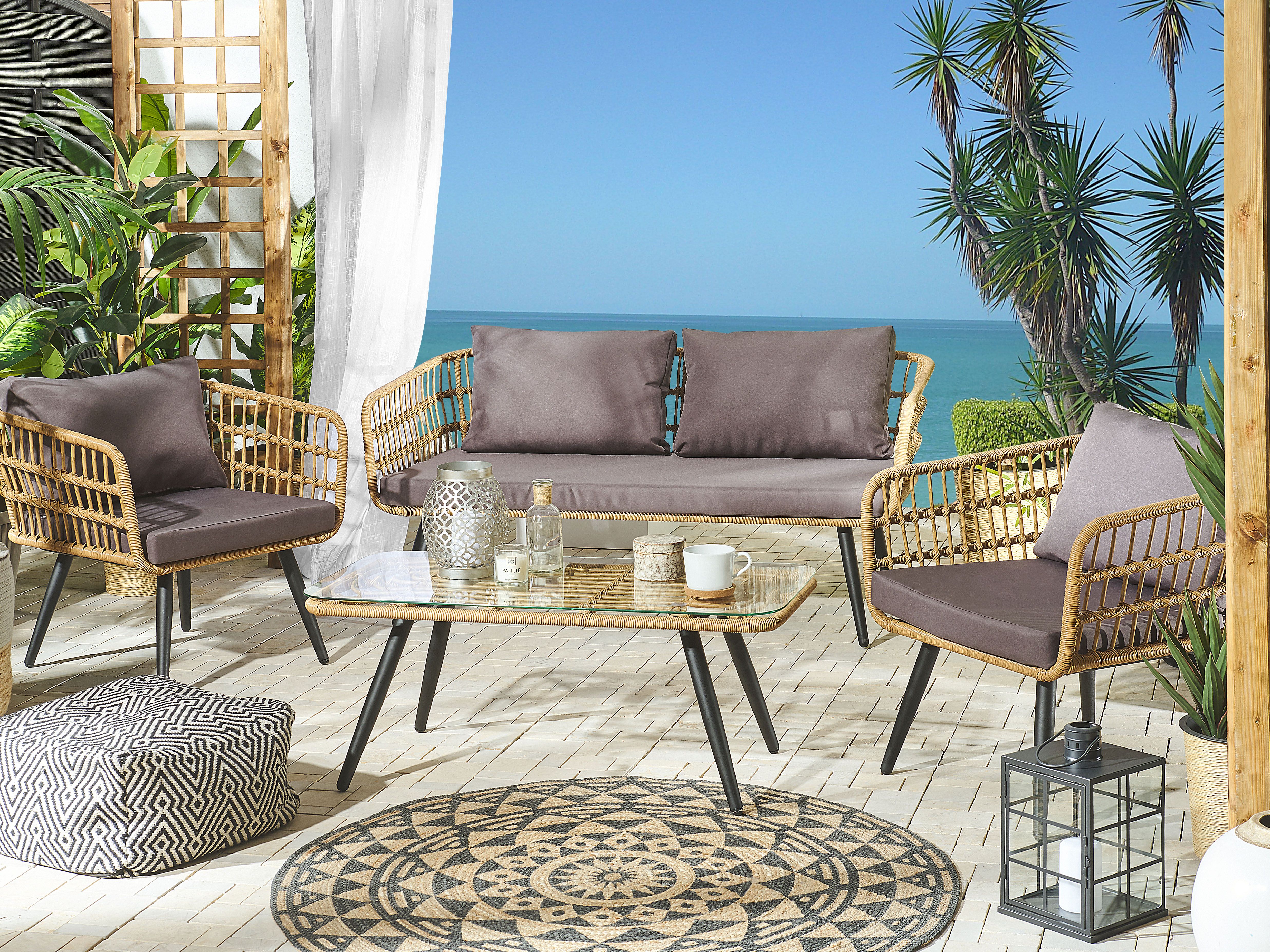 Garden Lounge Set with Table 4 Seater FOBELLO PE Rattan Beige