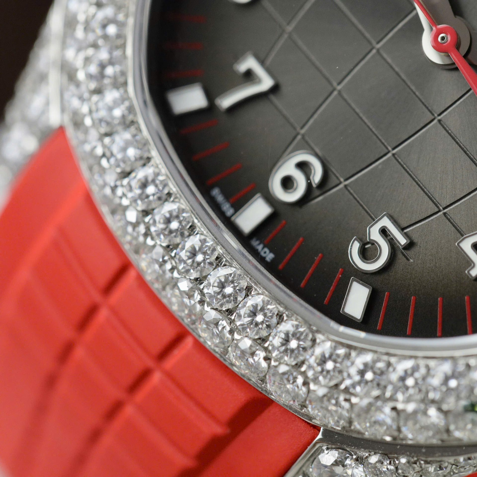 Patek Philippe Aquanaut 5167 Rep 11 Watch Custom Moissanite Diamonds Red Rubber Strap 40mm - Top club