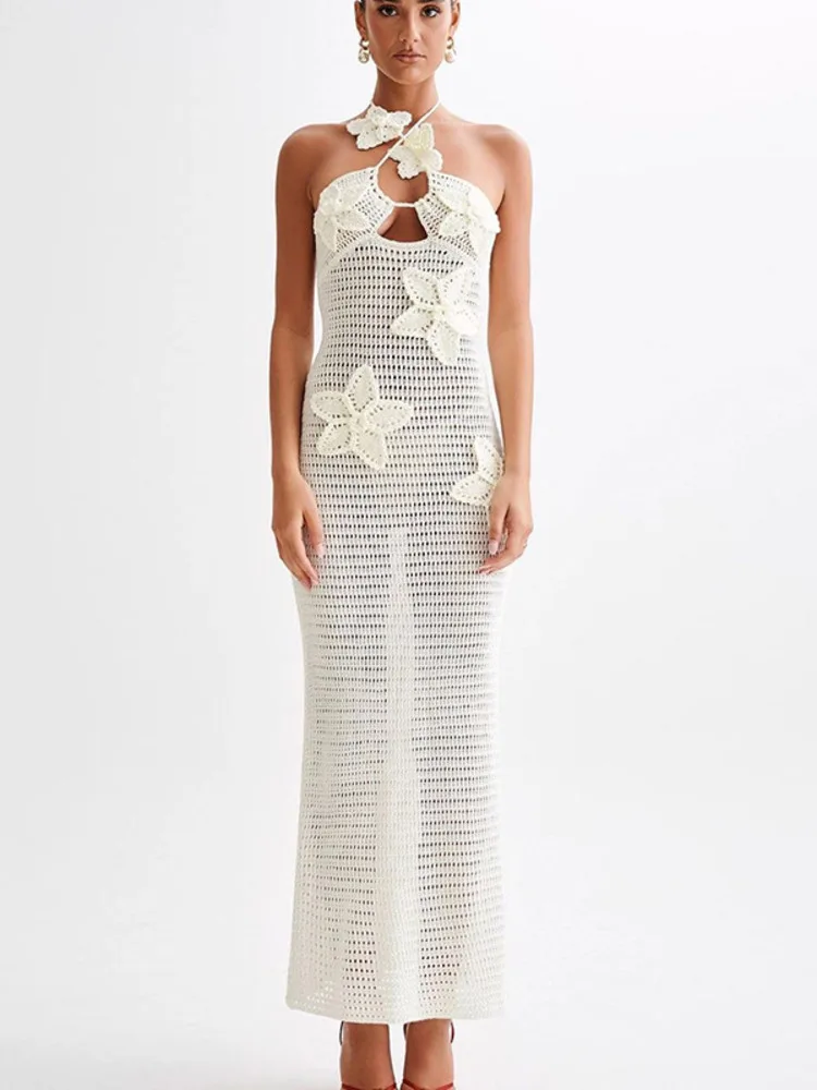See Through Crochet Floral Knit Sexy Maxi Dress For Women Halter Sleeveless Backless Party Long Dress Beachwear New - AZJHJ