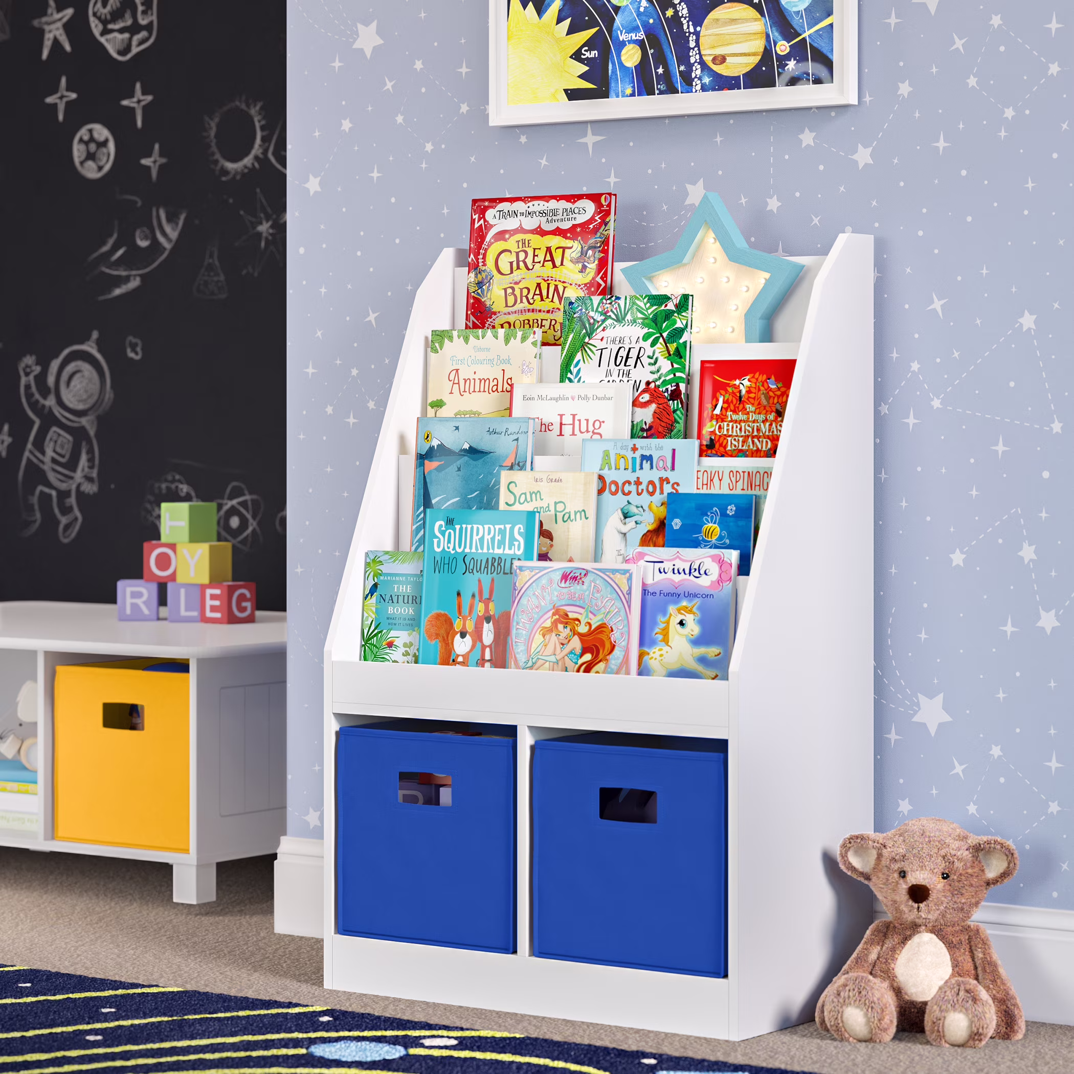RiverRidge Kid Bookshelf Toy Storage Organizer with 4 Bookracks 2 Cubbies and 2 Gray Bins - Image 11