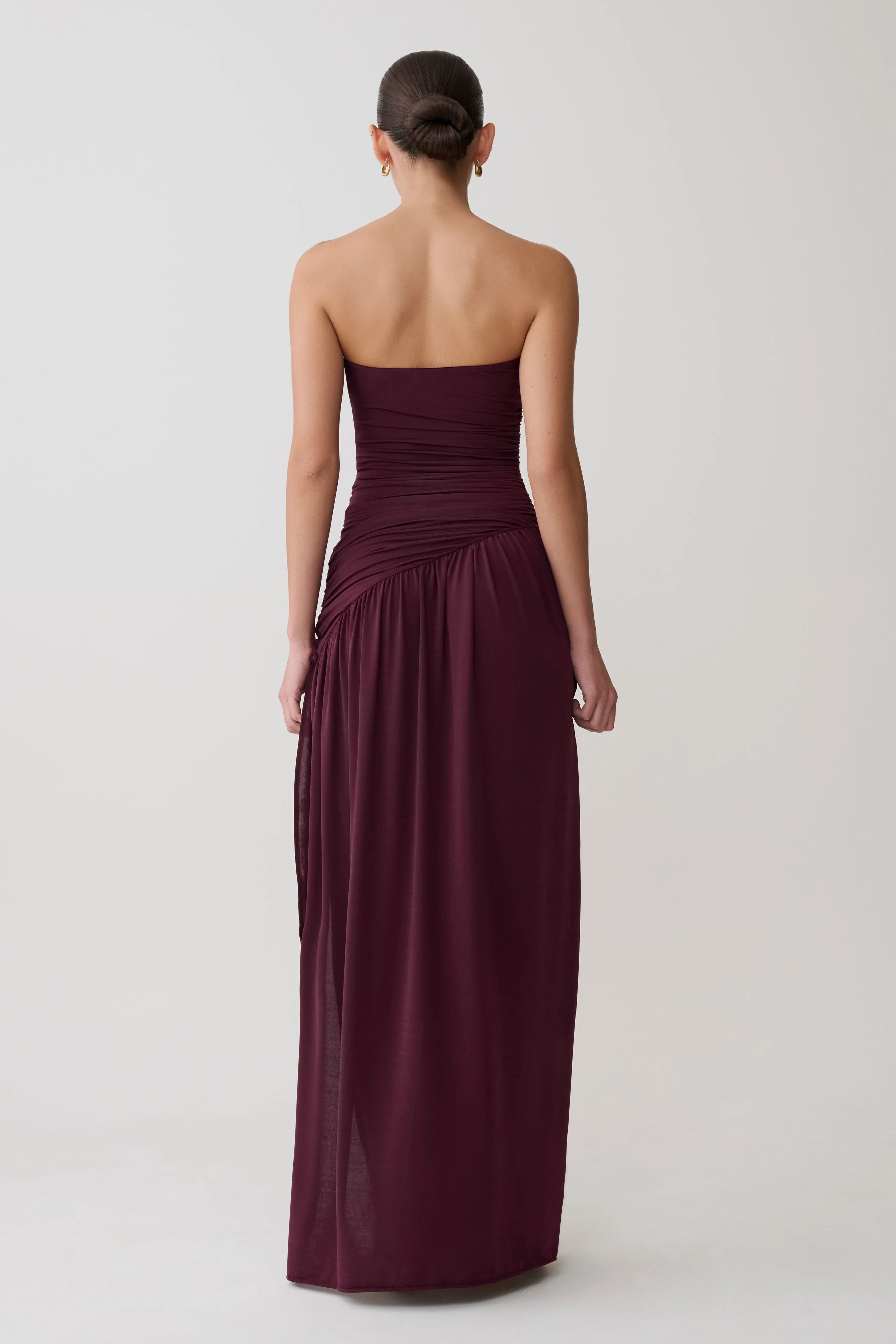 Bex Strapless Slinky Maxi Dress With Split - Burgundy