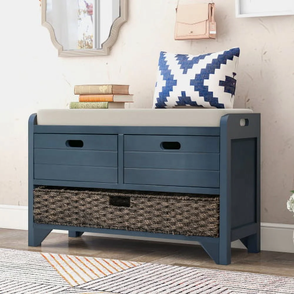 Solid Wood Storage Bench, Narrow Entryway Bench with 2 Drawers and Removable Basket, Classic Accent Shoe Bench with Storage and Removable Cushion for Hallway Living Room, Fully Assembled, Navy