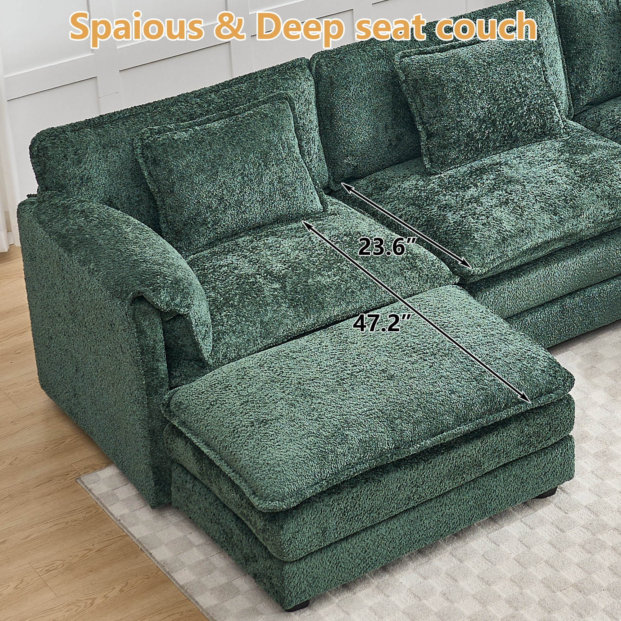 GNIXUU 112" Oversized Sectional Sofa Cloud Couch for Living Room, Modern Chenille L Shaped Couch, Comfy Boucle Modular Sofa Sleeper with Moveable Ottoman & Memory Foam (Green) - Image 20