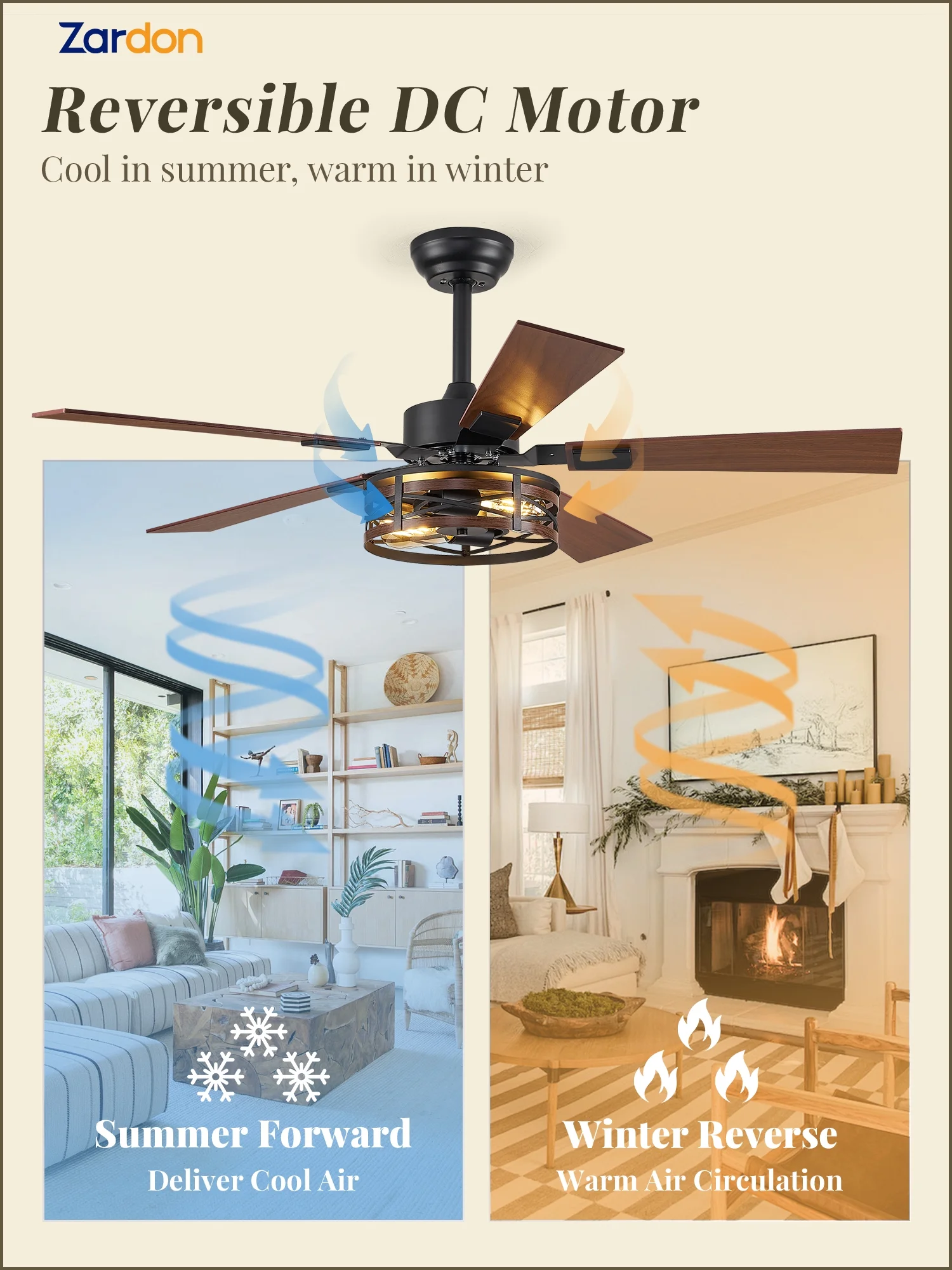 Zardon 48 Inch Farmhouse Ceiling Fan with Light and Remote Control, Quiet 6-Speed Reversible DC Motor, 5 Reversible Dual-Finish Blades for Indoor, Walnut