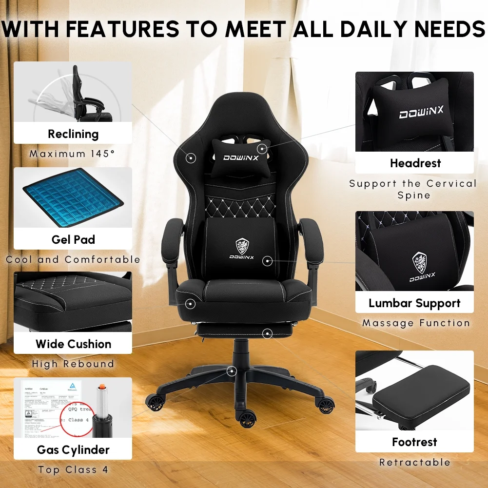 Dowinx Gaming Chair with Pocket Spring Cushion, Breathable Fabric Computer Chair with Gel Pad, Comfortable Office Chair with Storage Bag, Massage Game Chair with Footrest, Green - Image 42