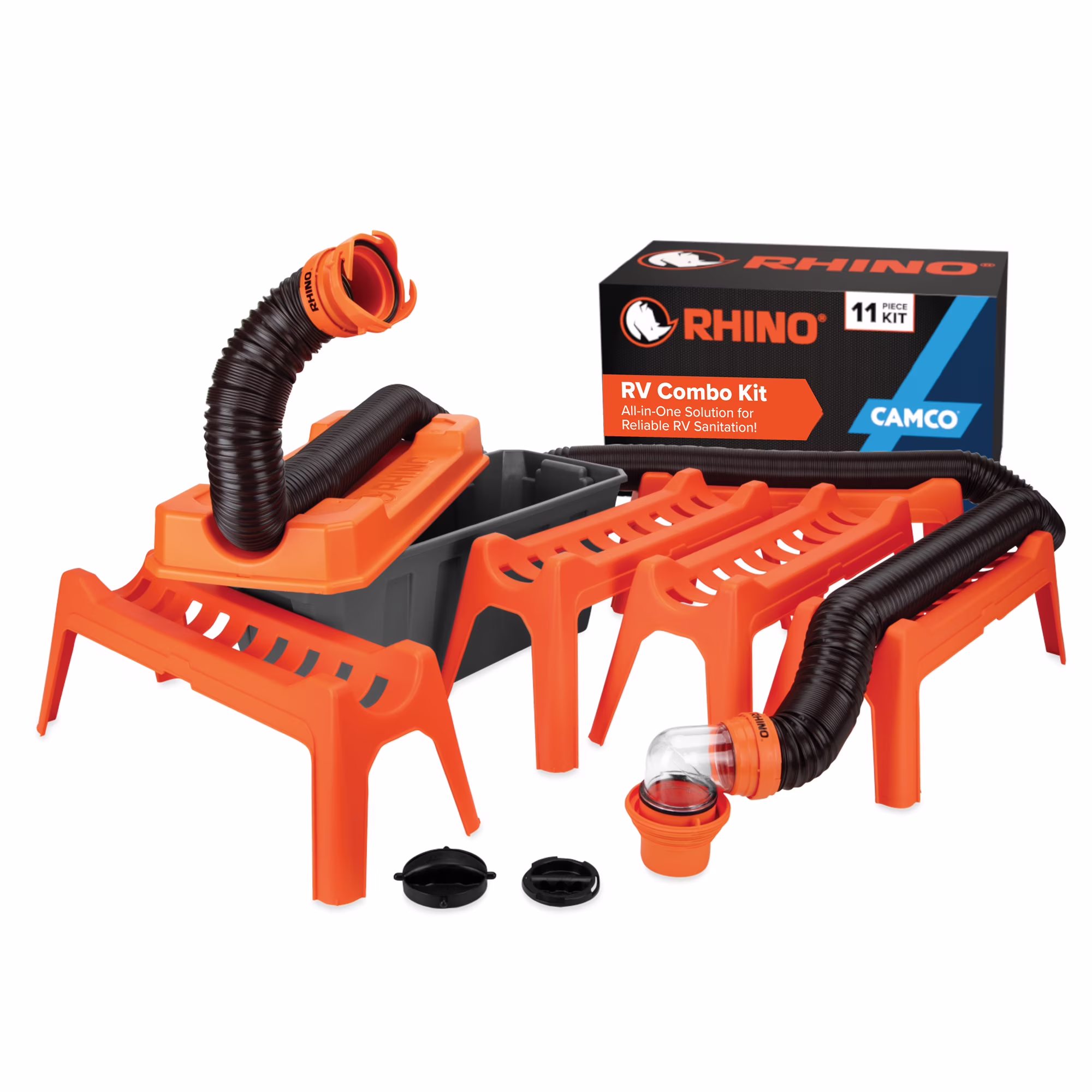 Camco Rhino 12-Piece RV Sewer Kit for Camping, 20-Ft Sewer Hose & Storage Box, 1 Pack - Orange (43075)