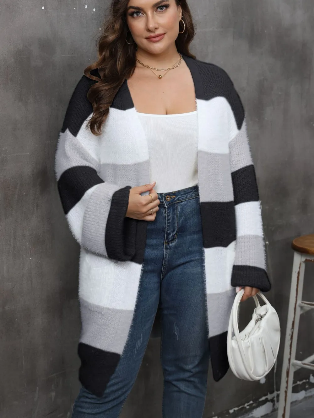 Plus Size Open Front Long Sleeve Cardigan - ZKZOOK