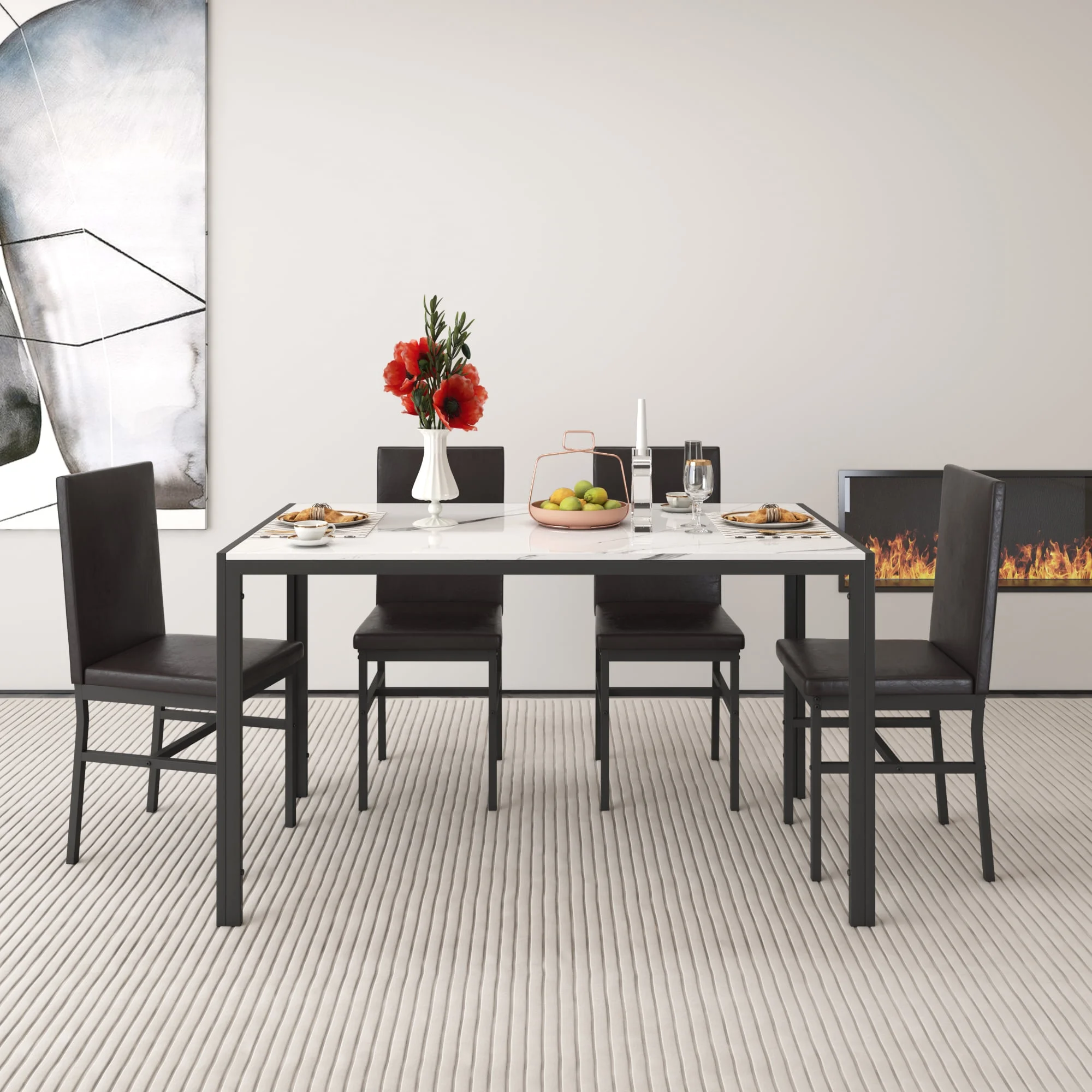 5 Piece Dining Set, Modern Dining Table and Chairs Set for 4, Counter Height Bar Table Set, Modern Pub Table with 4 Velvet Fabric Cushioned Stools, Faux Marble Dining Table & Stools Set, D9297 - Image 23