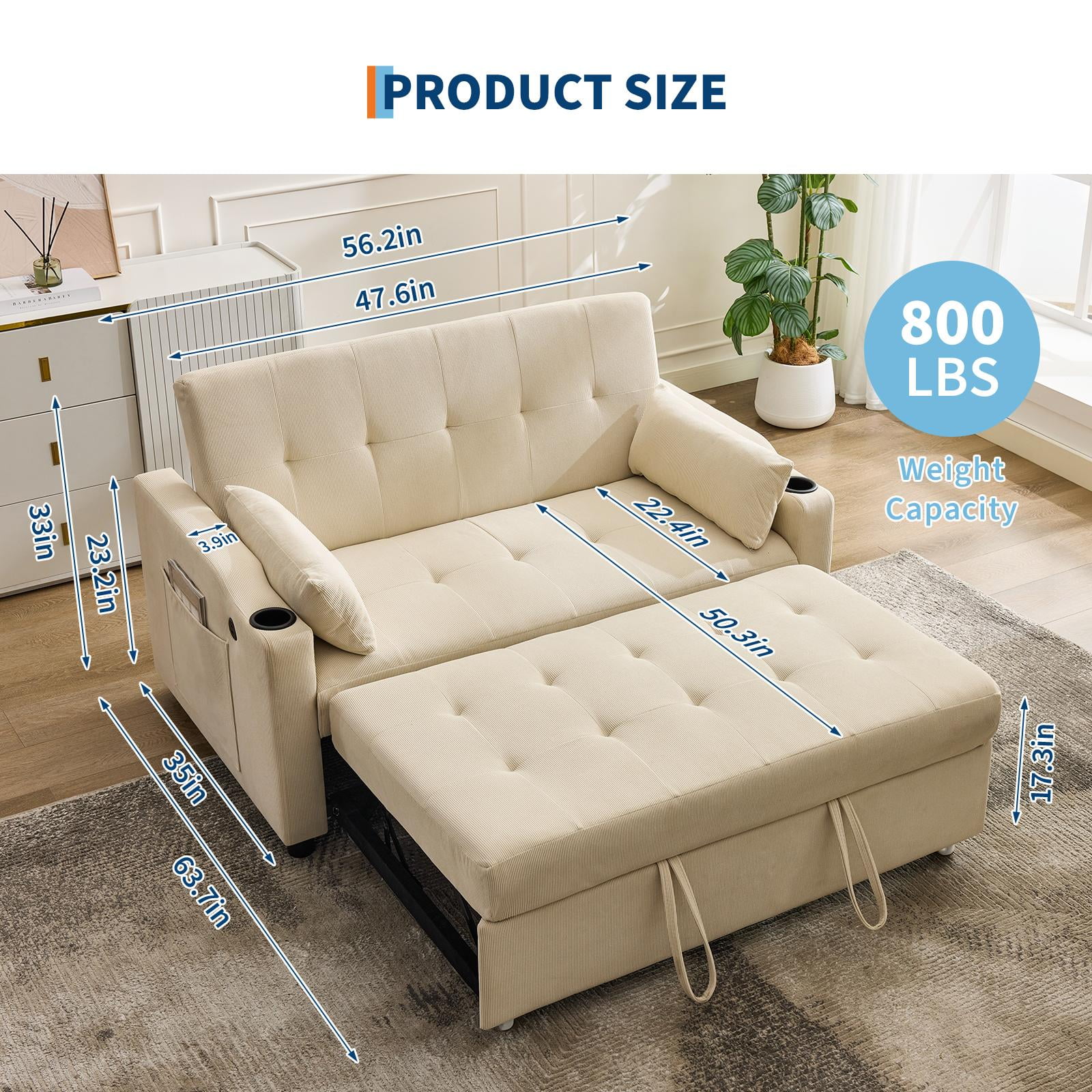 Beige 3-in-1 Convertible Sleeper Sofa Bed with Pull-Out Bed Corduroy Futon with Adjustable Backrest - Image 3