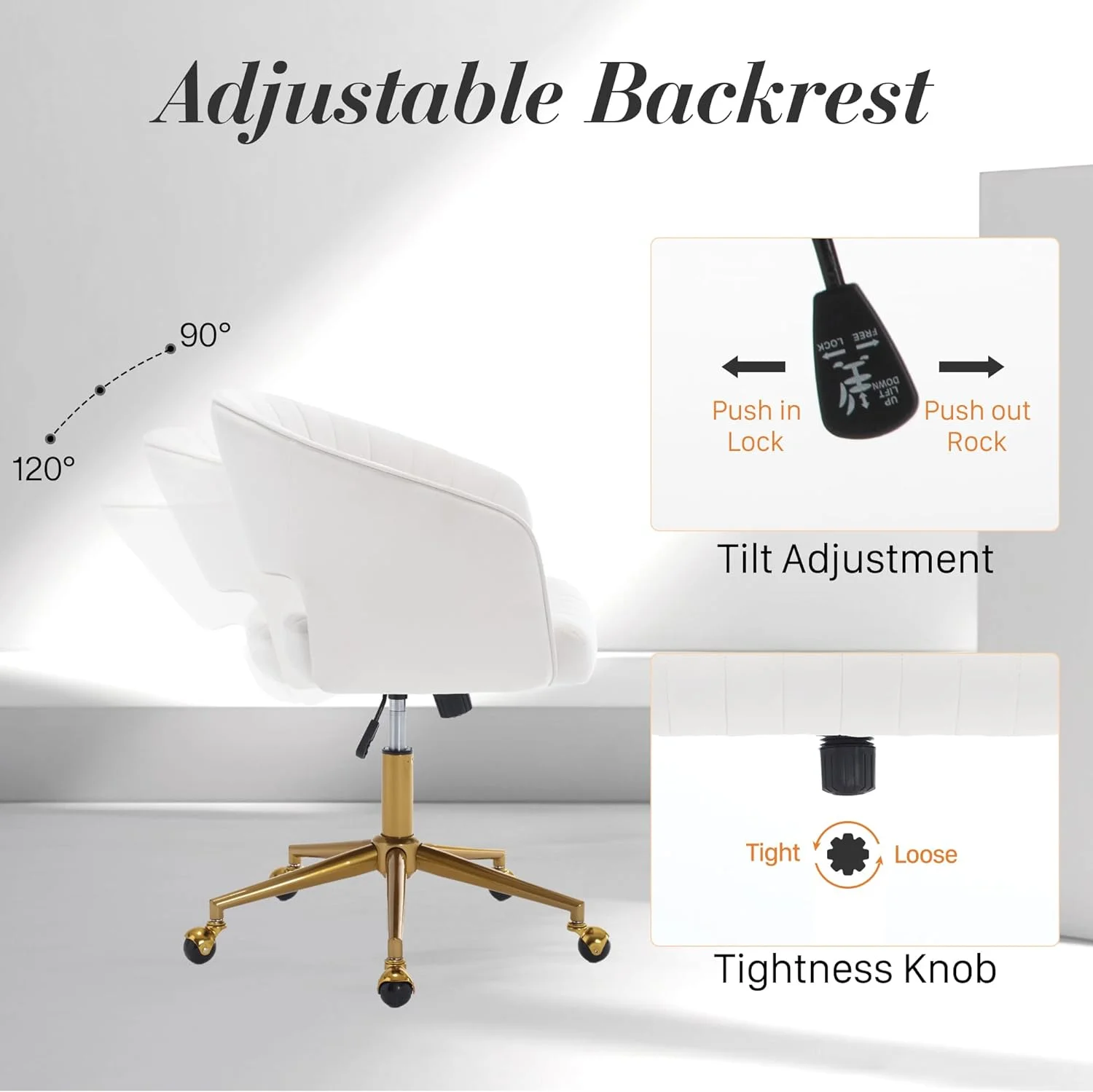 Home Office Swivel Desk Chair, Modern Velvet Vanity Chair, Height Adjustable Armchair with Gold Base, Ergonomic Office Chair for Task Study Computer Room, Beige - Image 11