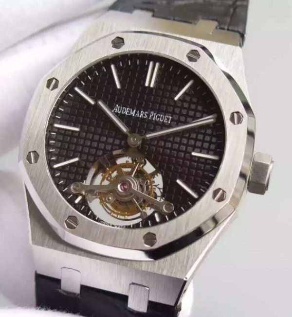 Replica Audemars Piguet TF Royal Oak 41mm Tourbillon SS Black Dial Black Leather Strap - Elite Watch Atelier