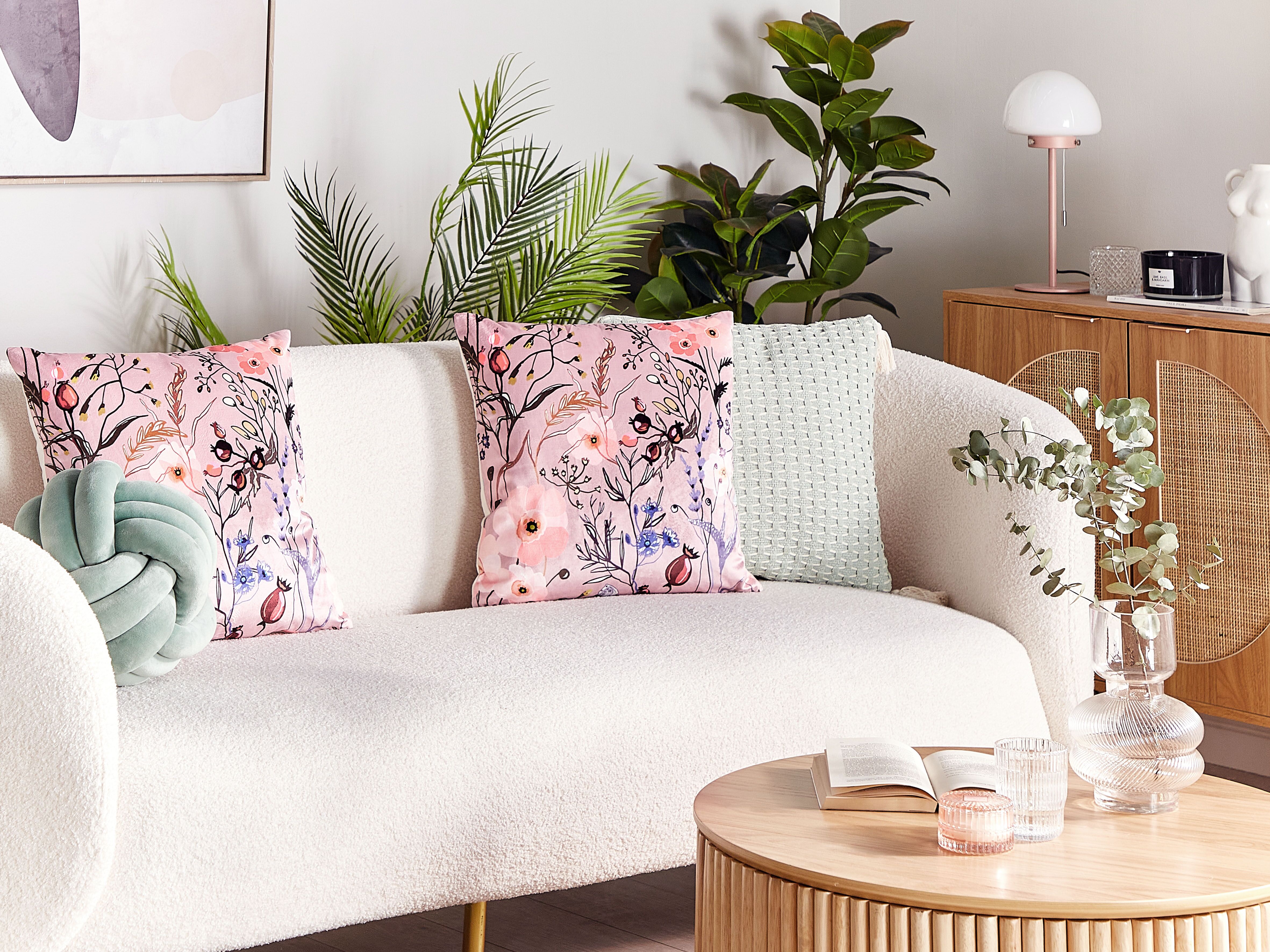 Set of 2 Decorative Cushions ANEMONES Velvet 45 x 45 cm Pastel Pink Floral Pattern