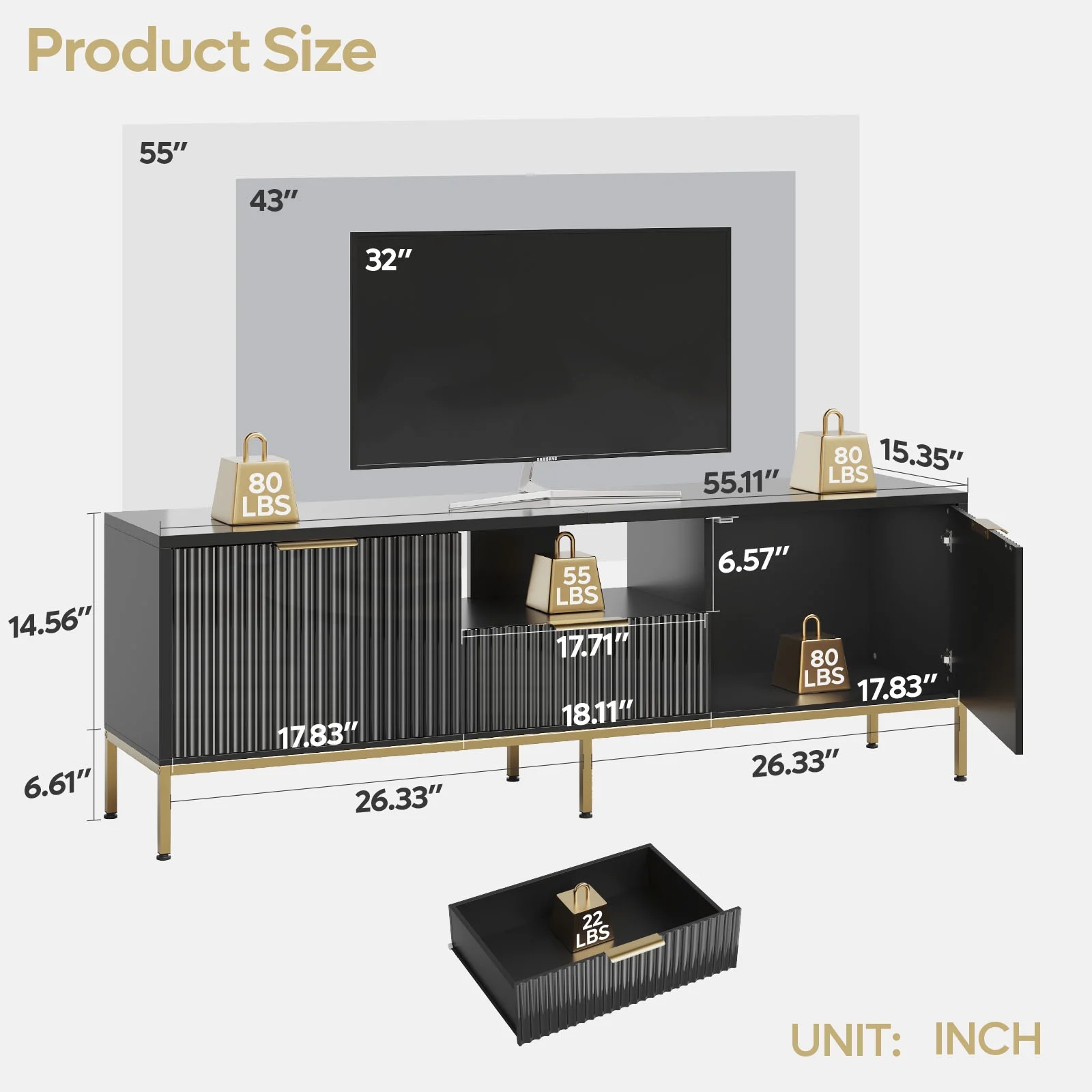 Bestier 55" LED TV Stand for TVs up to 60" Modern High Gloss Entertainment Center with Drawers Cabinets Fluted TV Console, White & Gold - Image 17