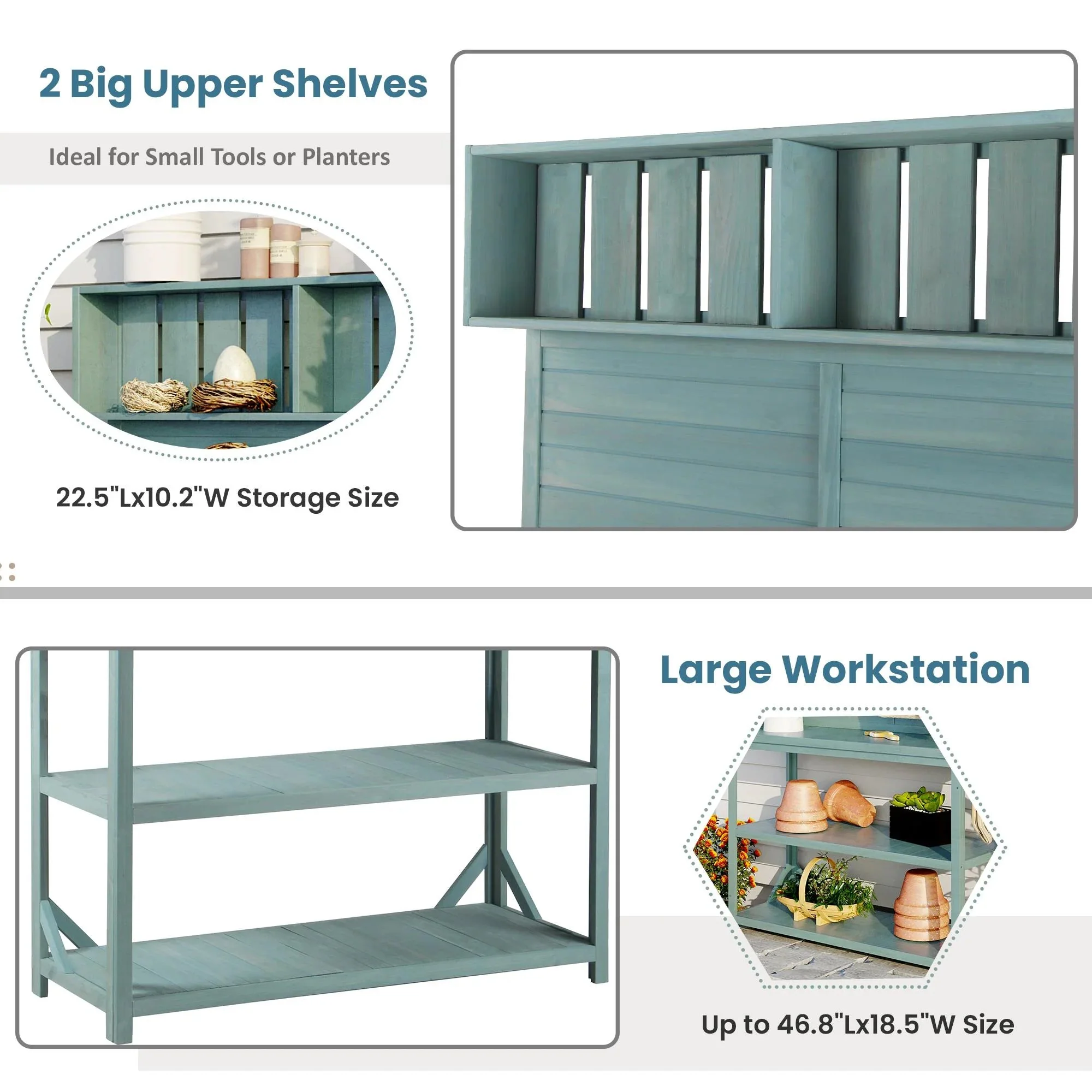 Wooden Outdoor Potting Bench Table With 4 Storage Shelves, Side Hook And Green Finish - Image 6 Wooden Outdoor Potting Bench Table With 4 Storage Shelves, Side Hook And Green Finish - Image 6