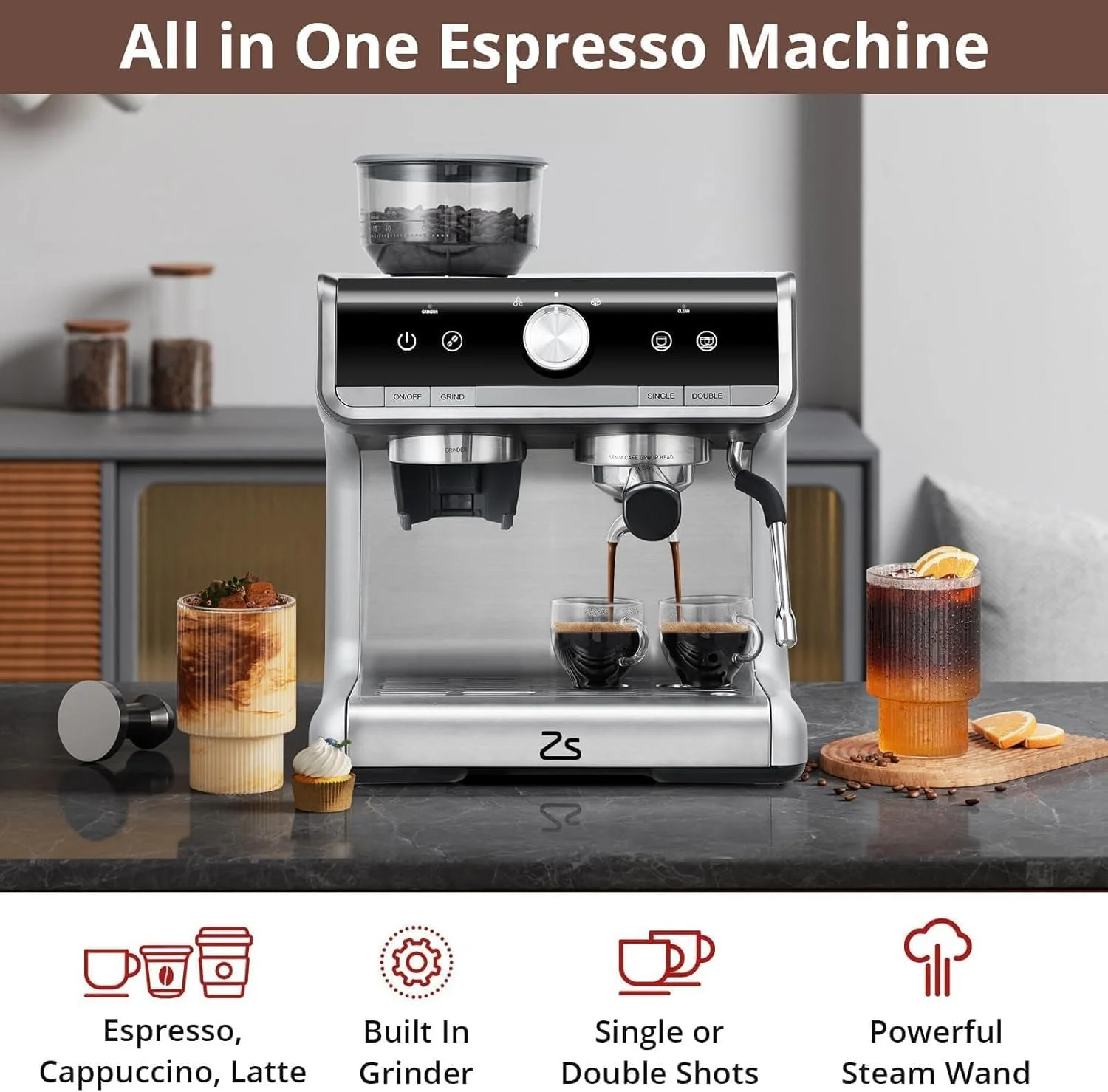 Espresso Machine 20 Bar, Professional Semi Automatic Espresso Maker With Grinder