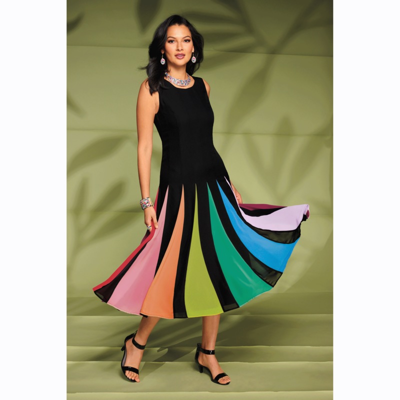 Raynbow Multi-Colored Godet Fit-and-Flare Dress - MIDNIGHT VELVET CATALOG