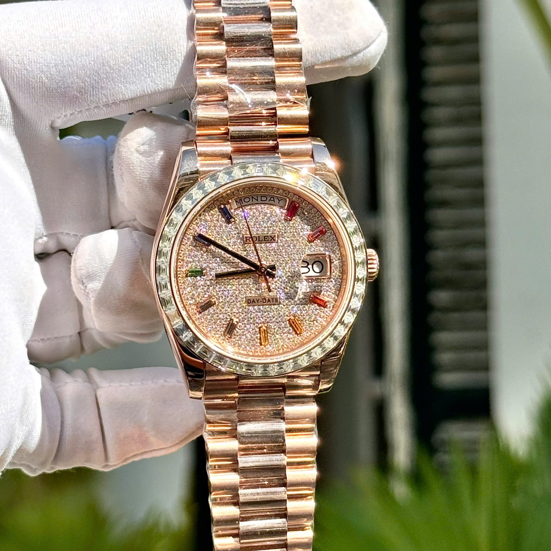 Rolex Day-Date Replica Watch Gold Wrapped End Moissanite Diamonds Baguette Custom 40mm - Top club
