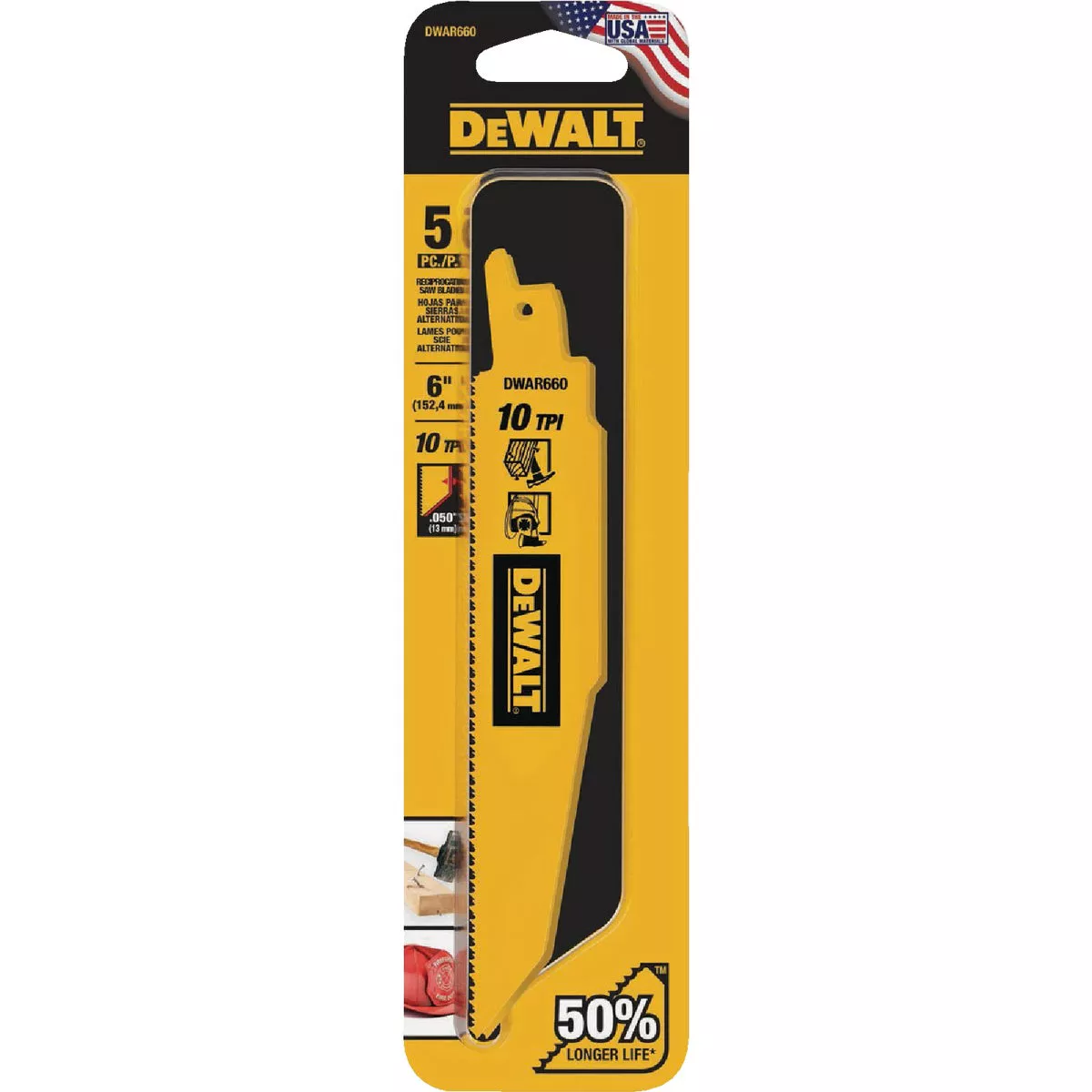 DEWALT 6 In. 10 TPI Demolition Bi-Metal Reciprocating Saw Blade (5-Pack)