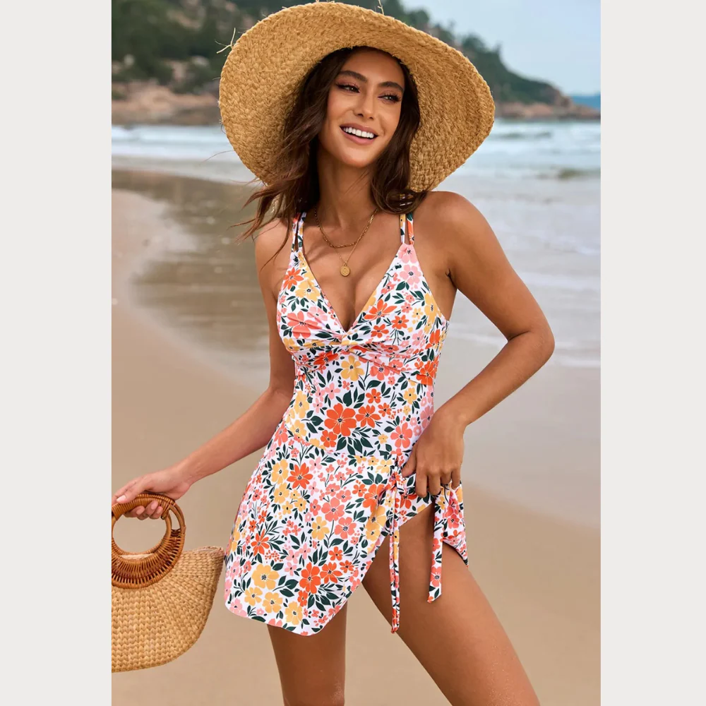 Twisted Front Crisscross Double Spaghetti Strap One-Piece Swimwear - ZKZOOK