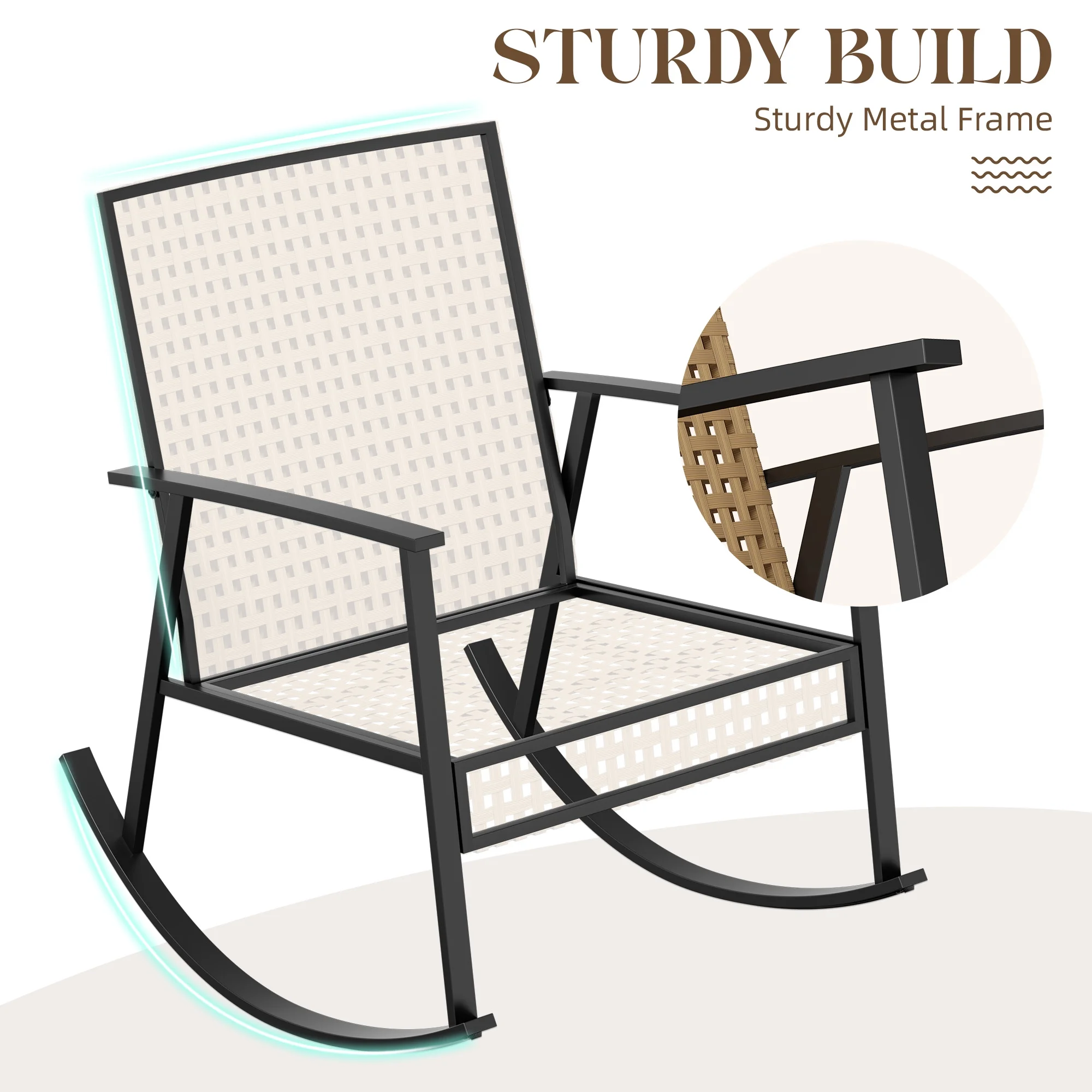 3 Piece Outdoor Rocking Chairs, Outdoor Patio Furniture Set with Thick Cushion and Coffee Table, Rattan Rocking Bistro Set for Grand Porch Balcony Garden