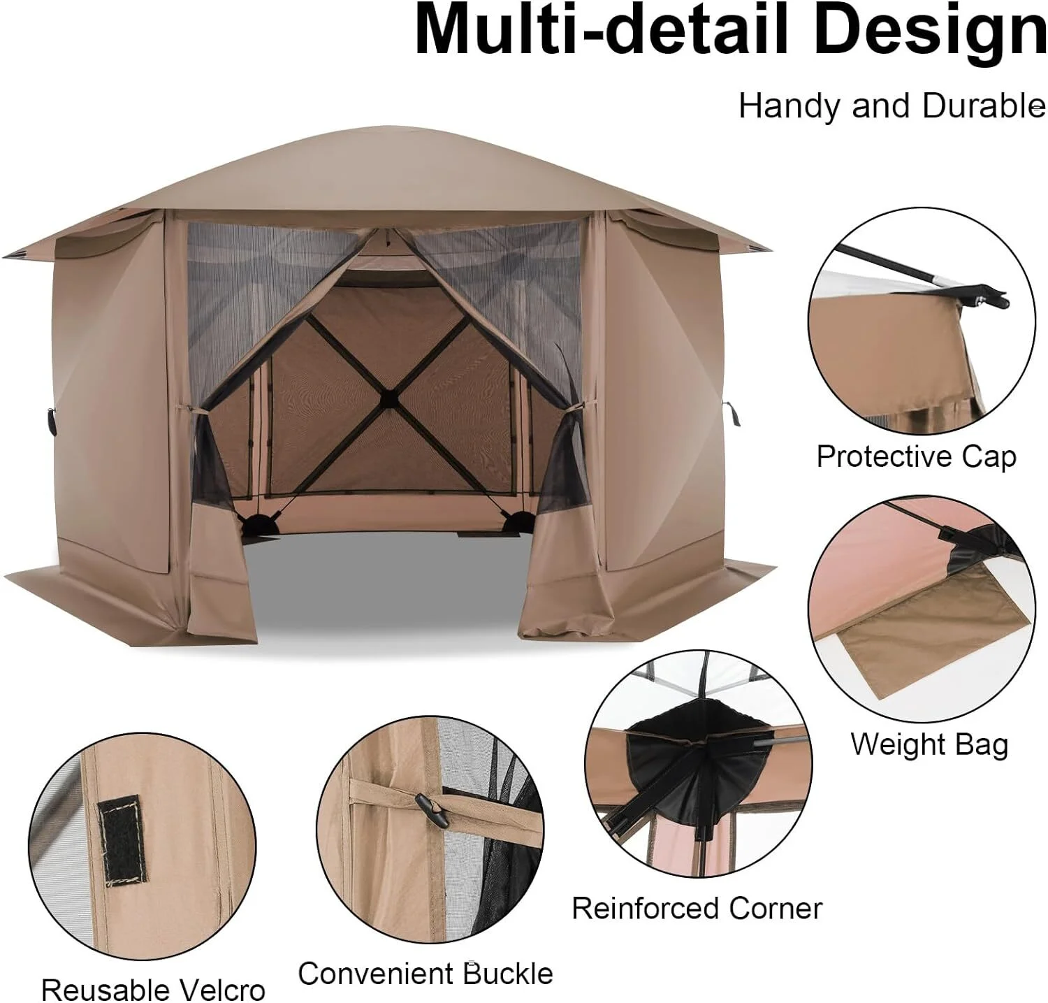 COBIZI 12'x12' Pop-up Gazebo Outdoor Camping Tent with 6 Sides Mosquito Netting, Waterproof, UV Resistant, Portable Screen House Room, Easy Set-up Party Tent with Carry bag, Ground Spike, Brown - Image 24