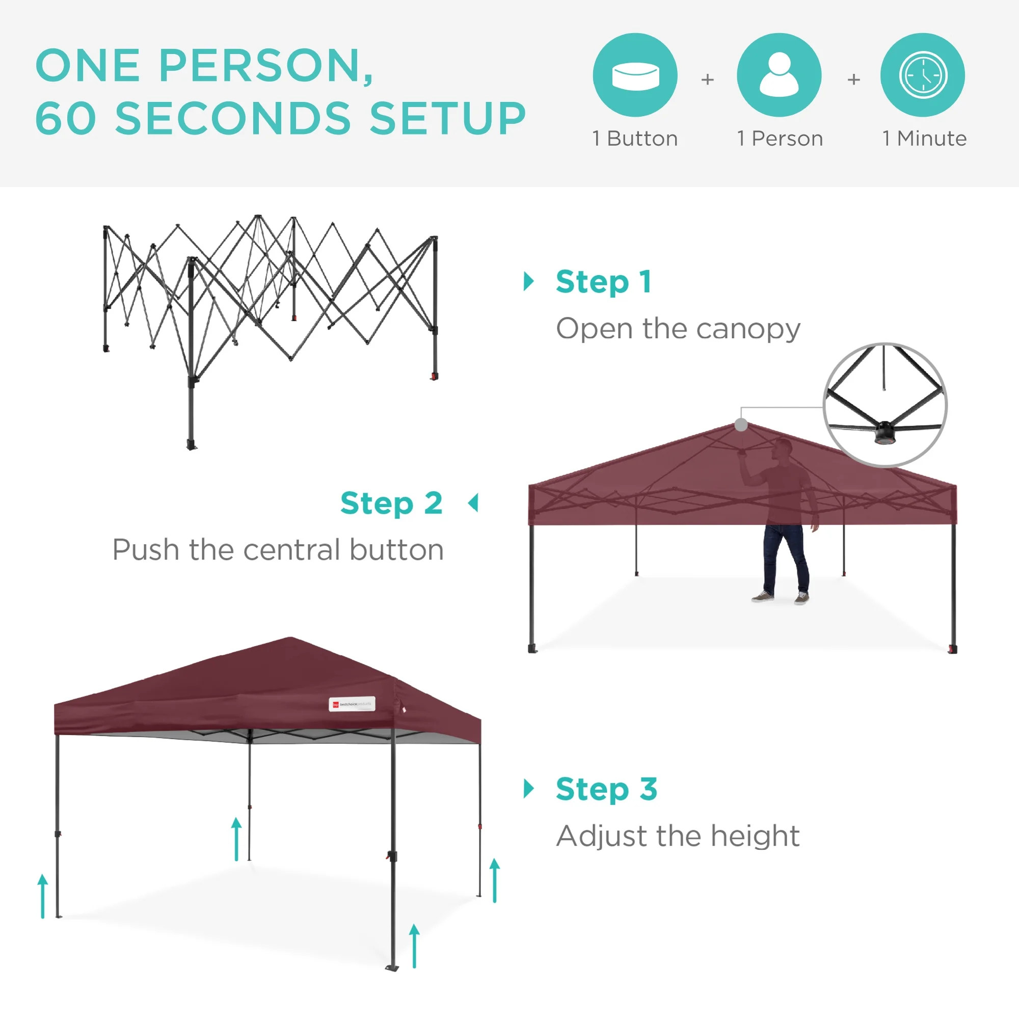 Best Choice Products 10x10ft Easy Setup Pop Up Canopy w/ 1-Button Setup, Wheeled Case, 4 Weight Bags - White - Image 57