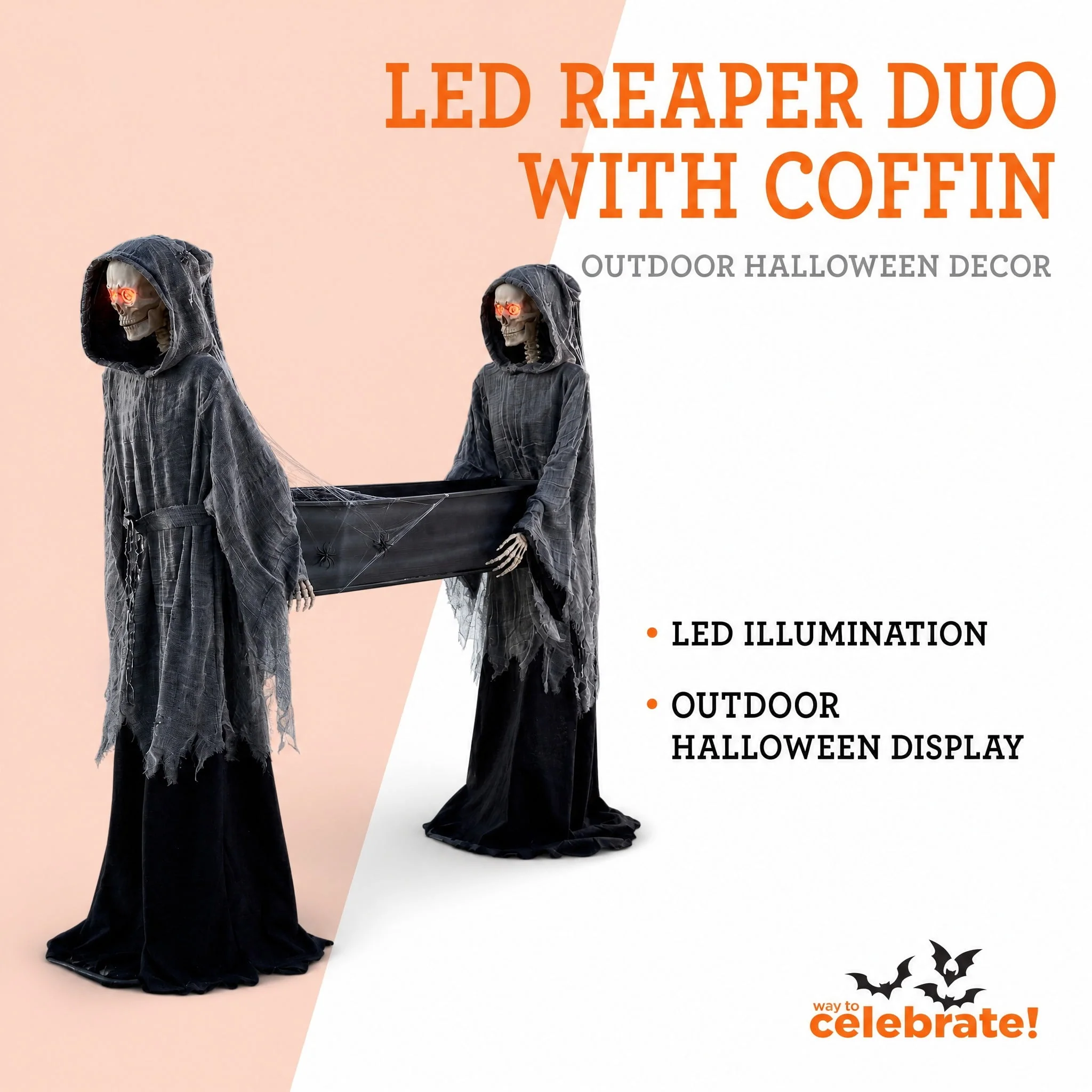 Way To Celebrate 5 ft LED Skeleton Reaper Duo Carrying Coffin Halloween Outdoor Decor - Image 3 Way To Celebrate 5 ft LED Skeleton Reaper Duo Carrying Coffin Halloween Outdoor Decor - Image 3
