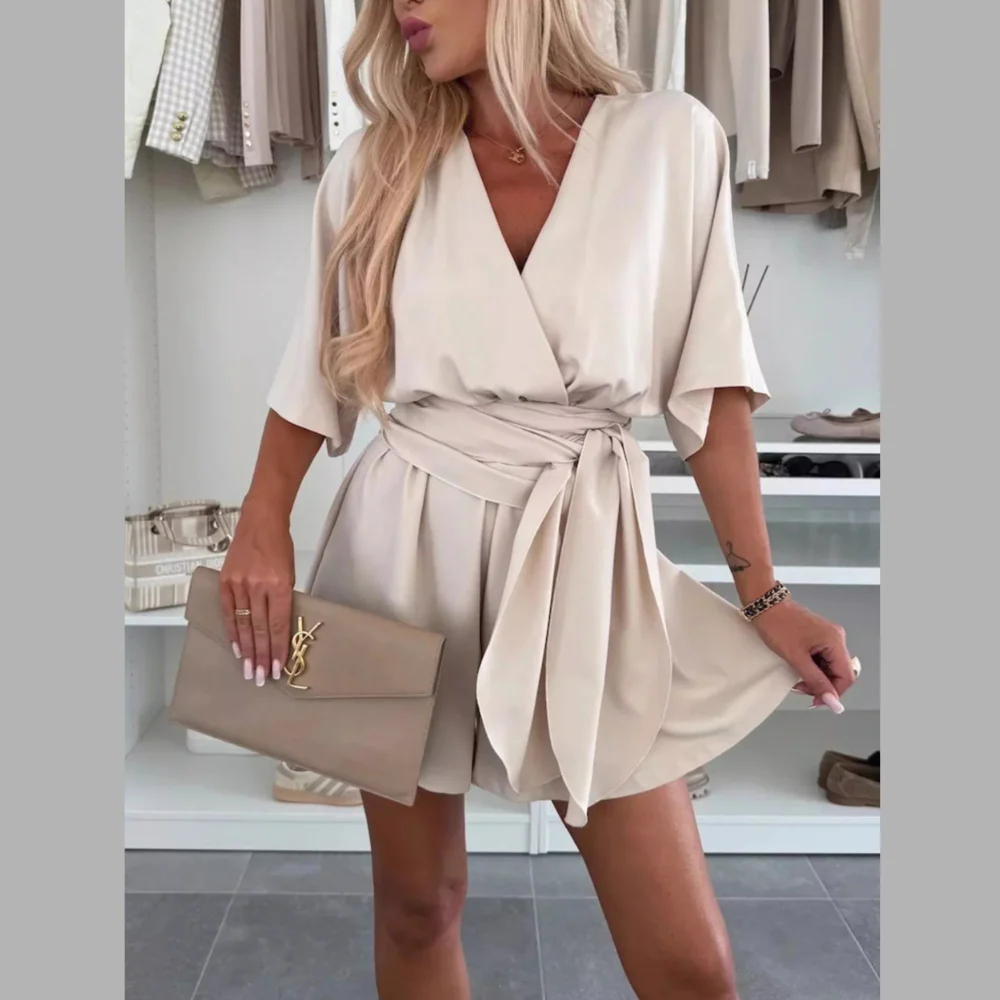 Full Size Surplice Tie Waist Romper Plus Size - ZKZOOK