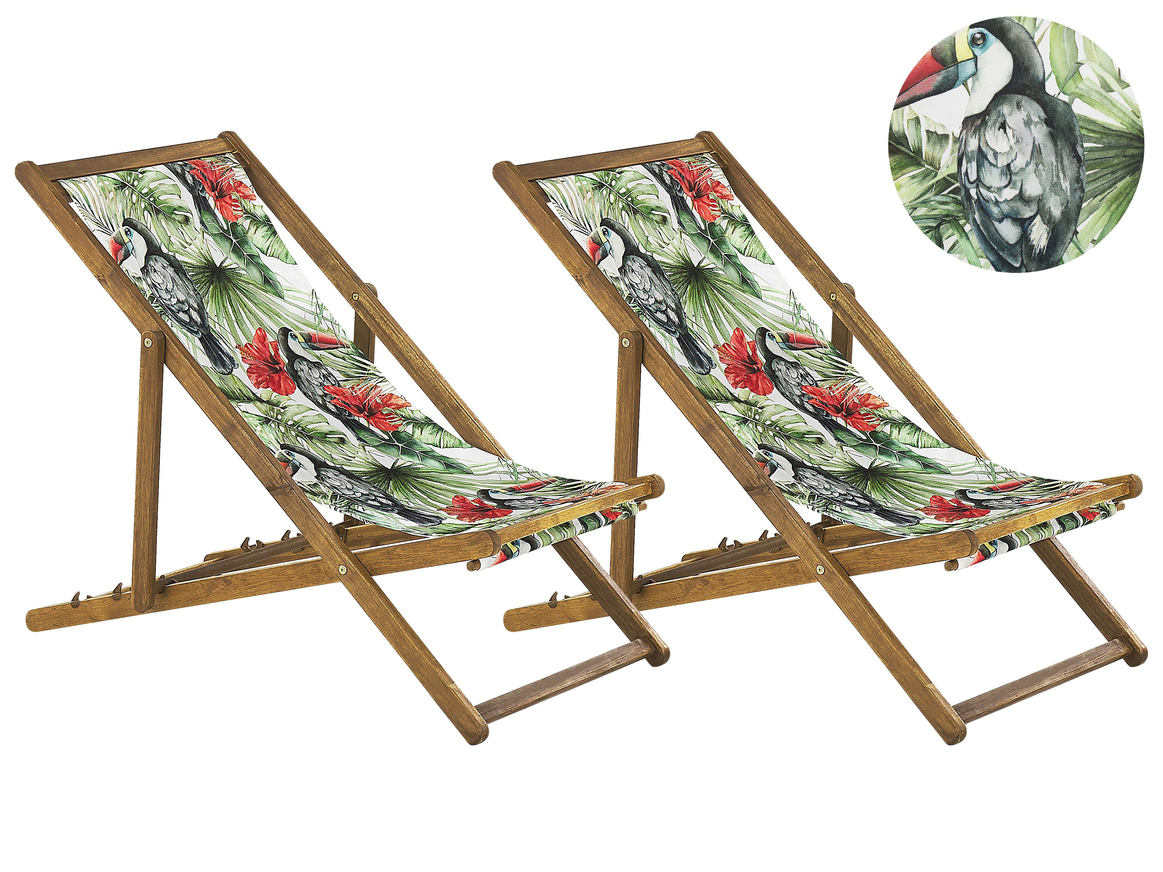 Set of 2 Folding Deck Chairs ANZIO with Replacement Fabrics Animal Motif Acacia Wood Light Brown