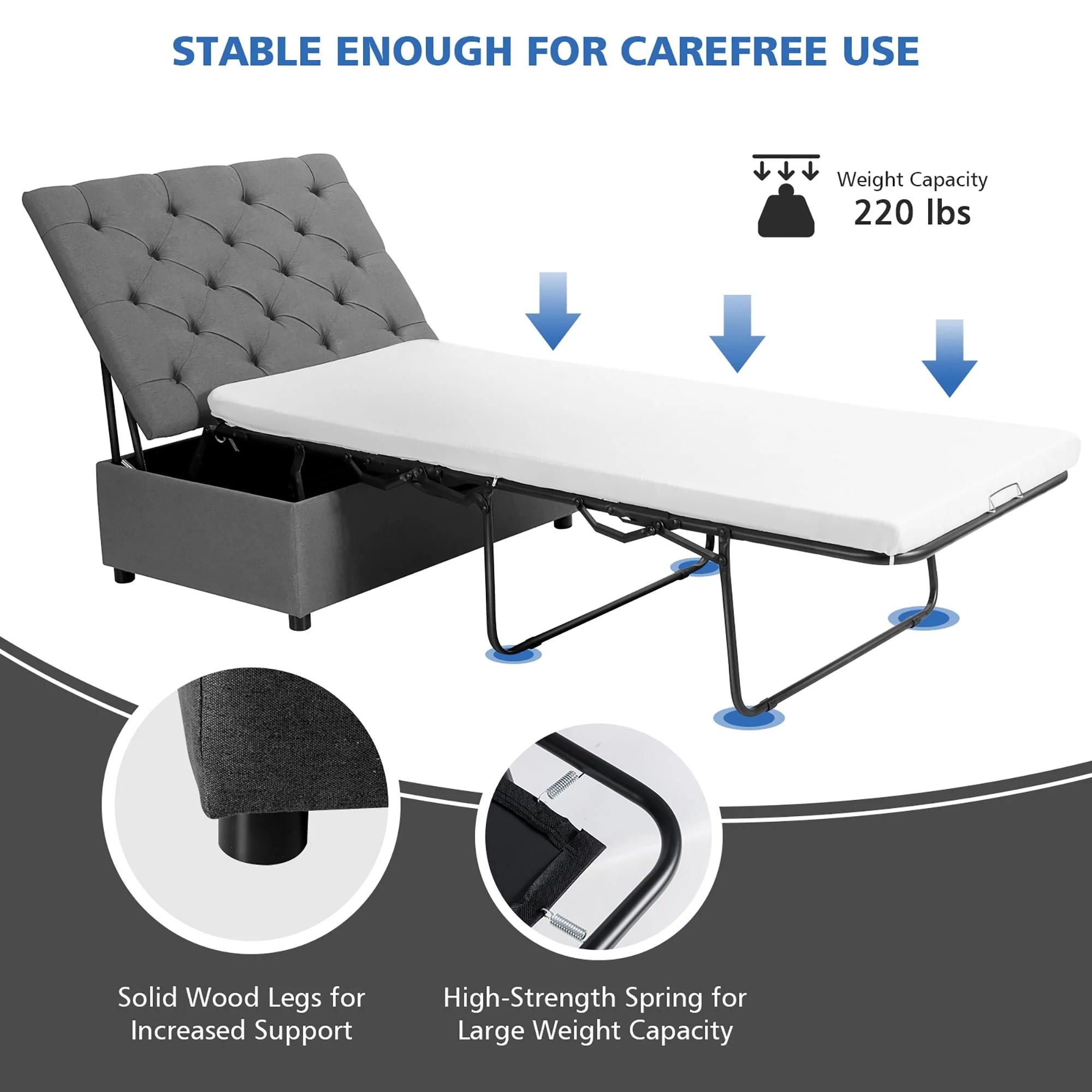 Costway Folding Ottoman Sleeper Bed with Mattress Convertible Guest Bed Grey - Image 7