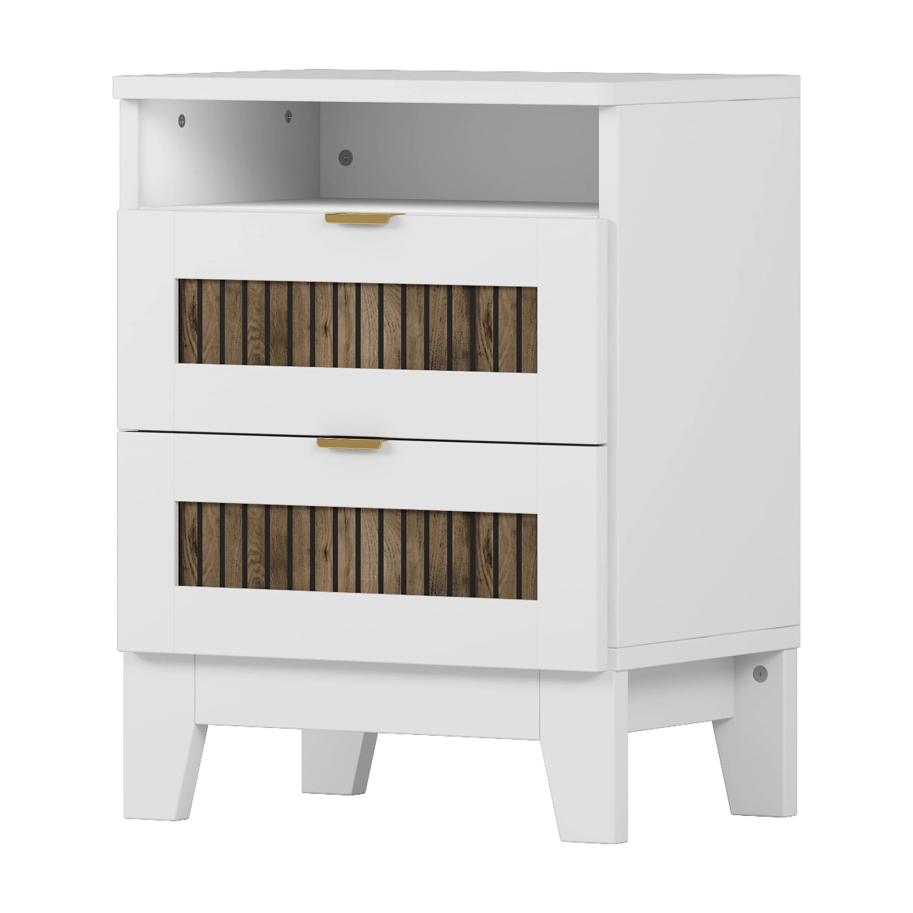 4-Pieces Bedroom Sets, Queen Size Farmhouse Platform Bed with Wooden Strip Stickers Decoration, Storage Nightstand and Dresser with Metal Handle, White - Image 9