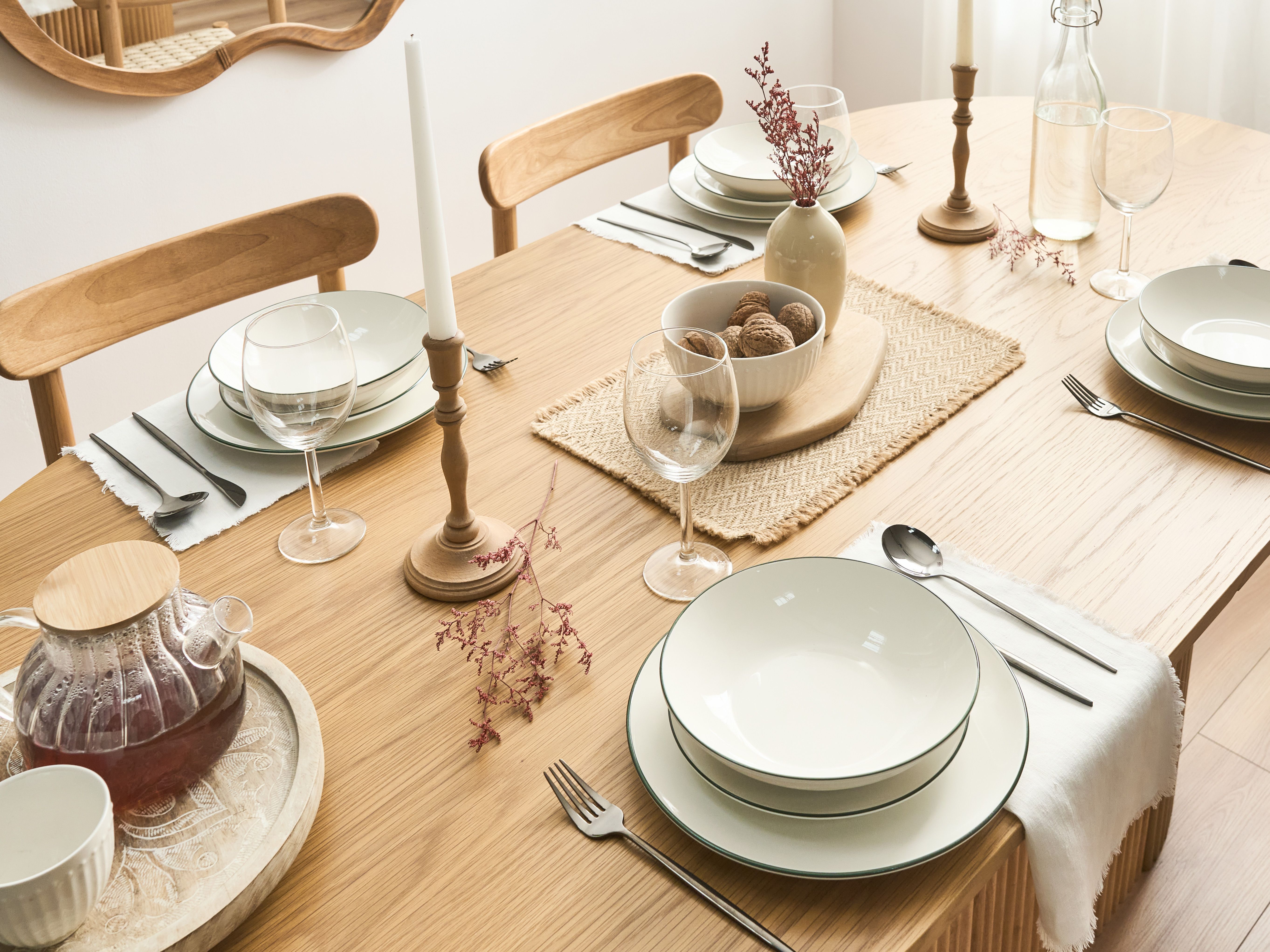 Set of 24 Dinnerware CUMIN Porcelain Off-White/ Green