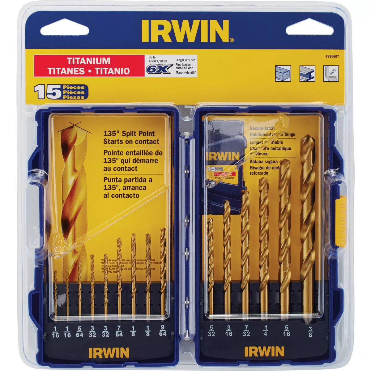 Irwin 15-Piece Titanium Coated HHS Metal Drill Bit Set, 1/16 In. thru 3/8 In.