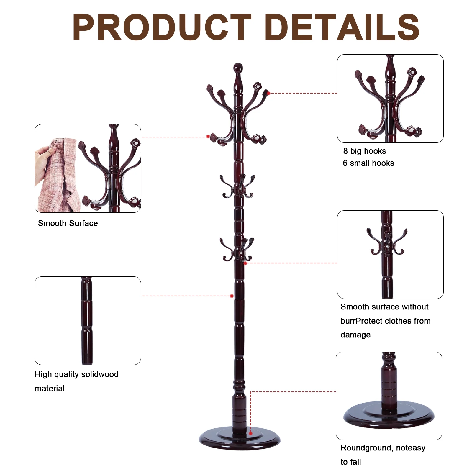 Coat Rack Freestanding, Hall Tree with 11 Hooks, Heavy Duty Wooden Coat Tree Stand, Adjustable Height, Sturdy Base for Bedroom Hallway Office - Load 270lbs - Image 32