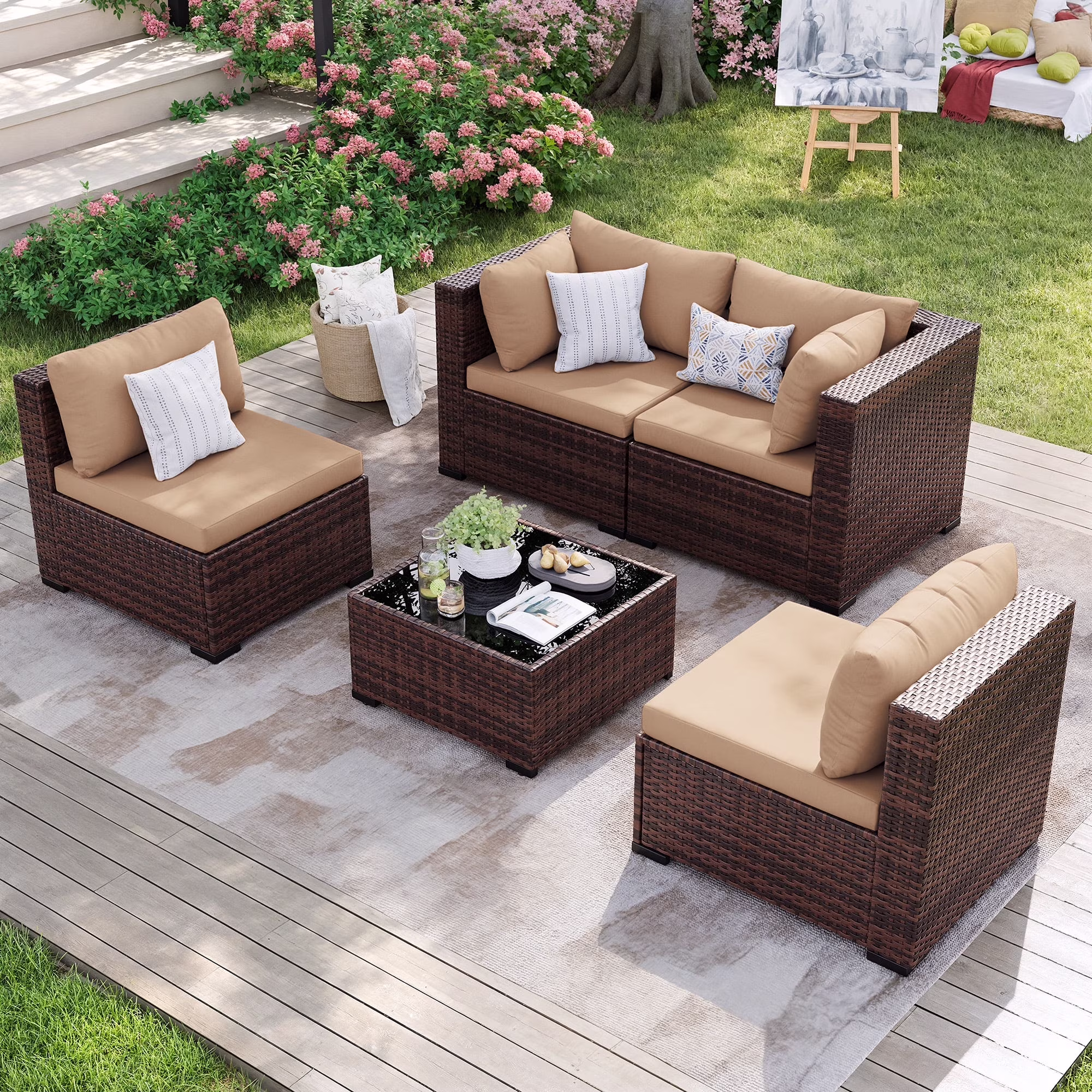 7 Pieces Patio Conversation Set, Outdoor Sectional PE Rattan Wicker Furniture Seat,Dark Gray - Image 5