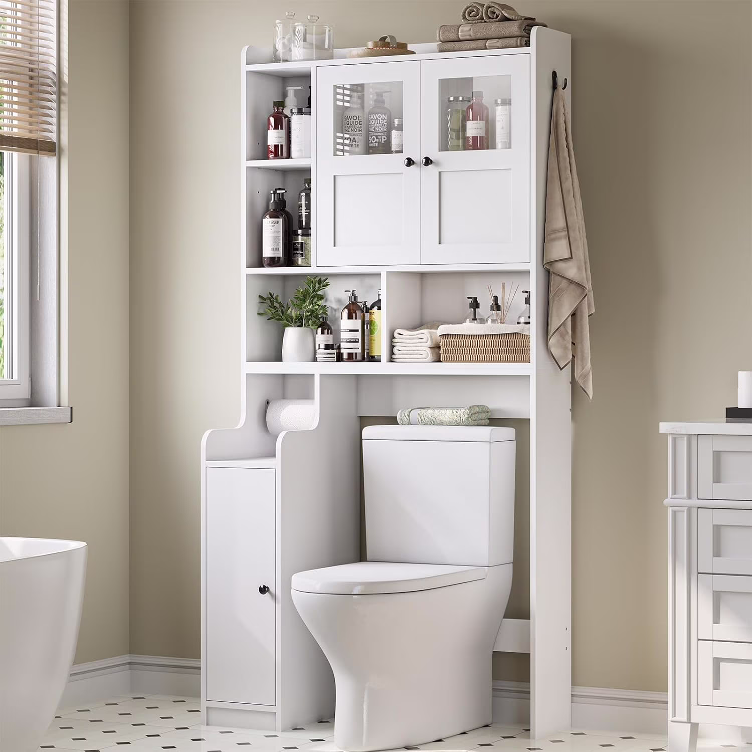Over The Toilet Storage Cabinet with 3 Doors, Farmhouse Space Saver for Bathroom Organizer with Paper Holder, 10 Shelves and Hooks, 7-Tier Over Washing Machine Cabinet for Laundry, Bathroom, Natural - Image 3