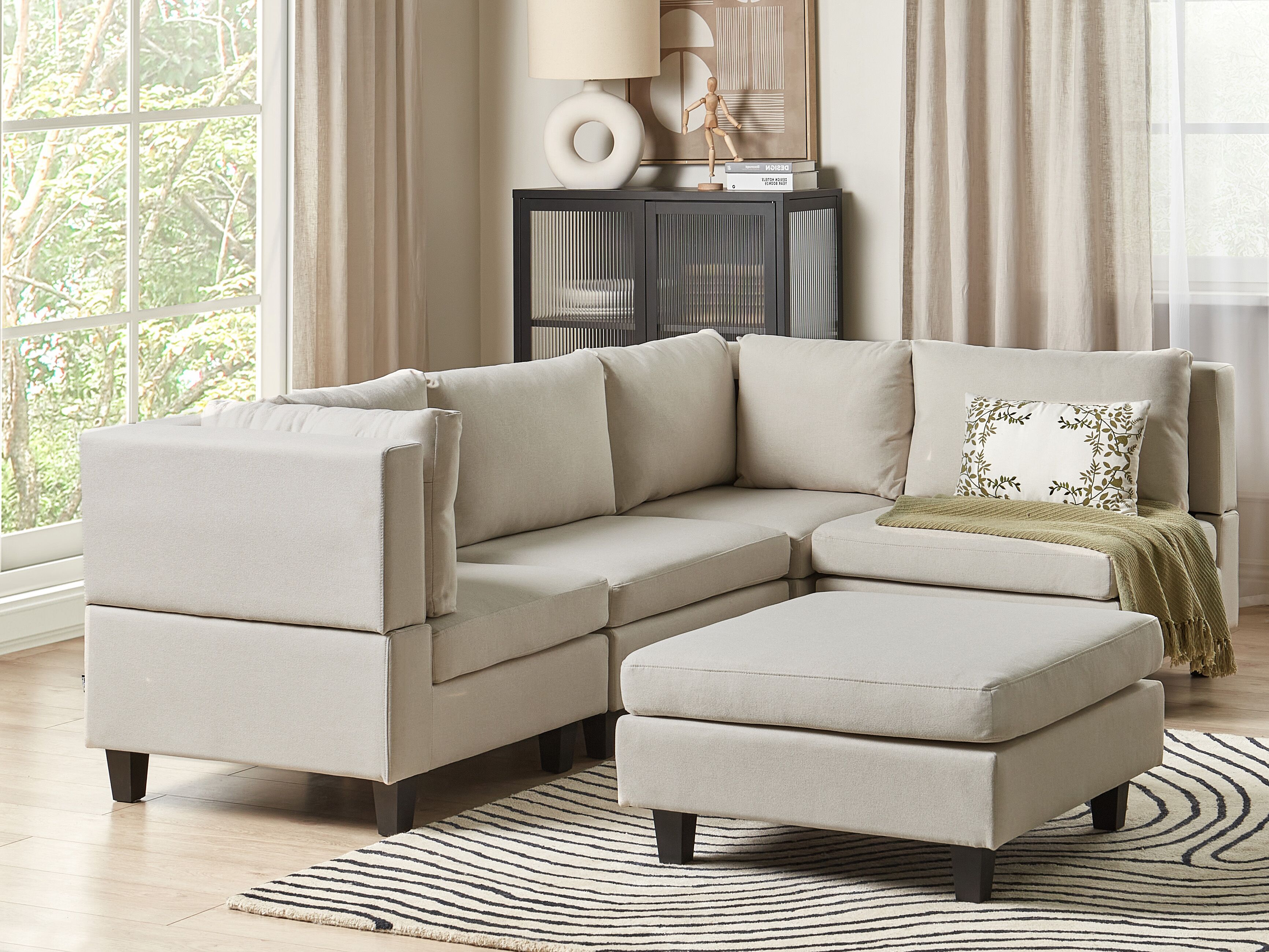 Modular Corner Sofa 4 Seater UNSTAD Fabric Light Beige with Ottoman Left Hand