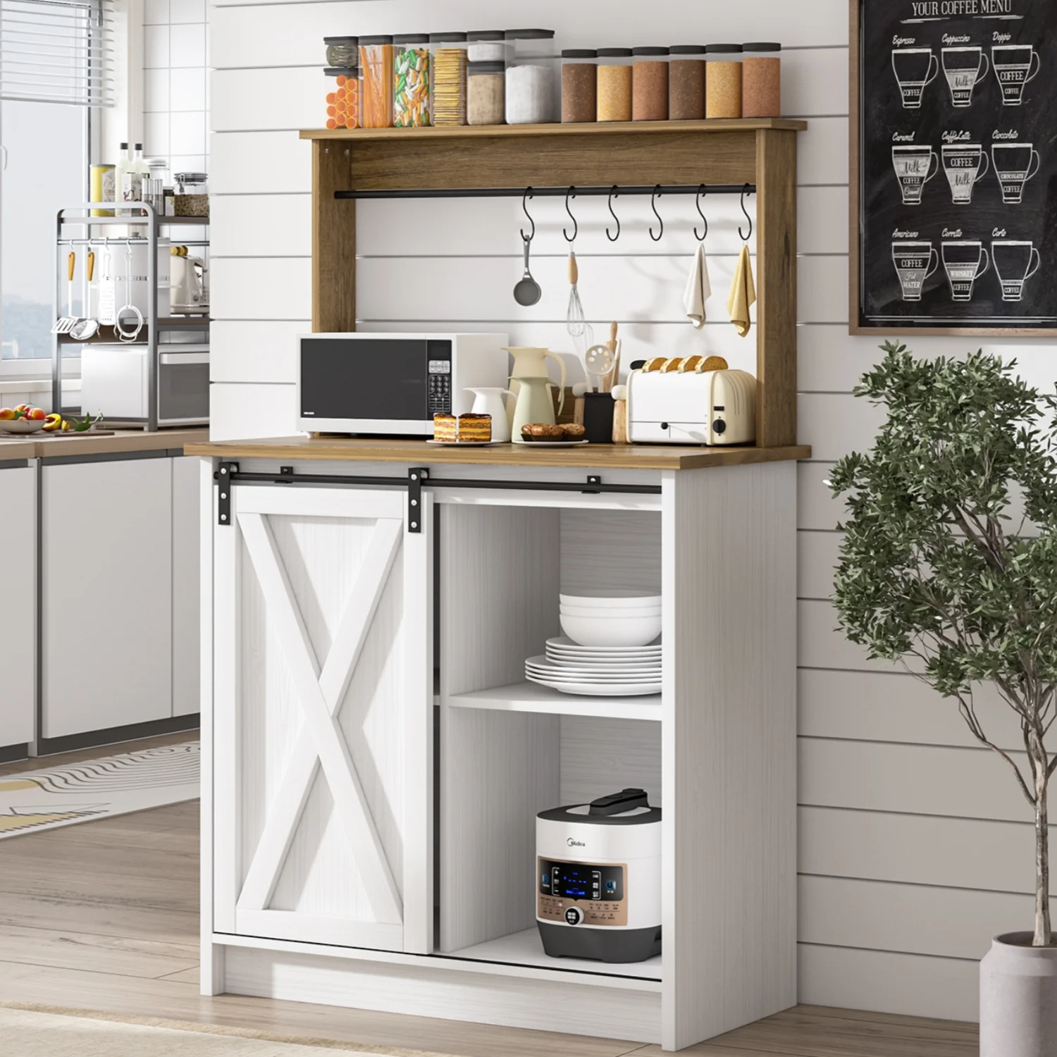 Catrimown Coffee Bar Cabinet, Barn Door Sideboard Buffet Cabinet with Storage, White - Image 9