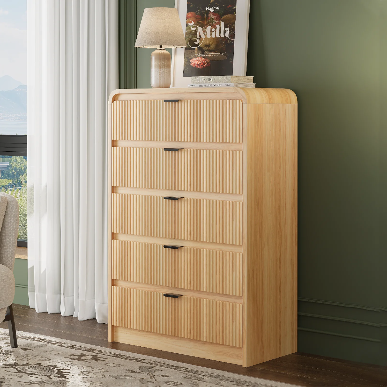 SELOOYE Fluted 5 Drawers Dresser for Bedroom, 47" Tall Modern Dresser Chest of Drawers, Black Accents, Fluted Fronts, Wood Storage Dressers Organizer for Bedroom, Living Room, Natural - Image 7