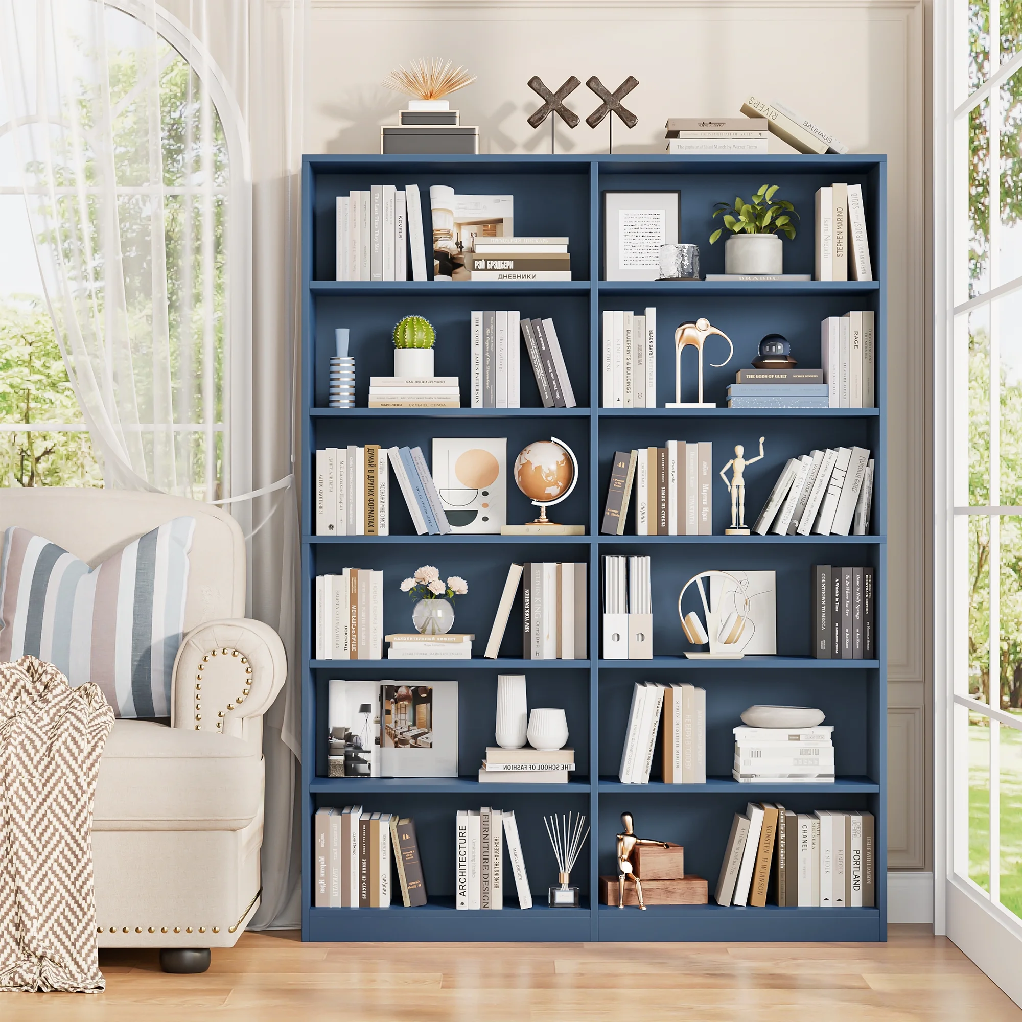 Homfa 74.3�� Double Wide 6-Tier Bookcase, Extra Large Wooden Freestanding Display Bookshelf for Home Office Living Room, White - Image 20