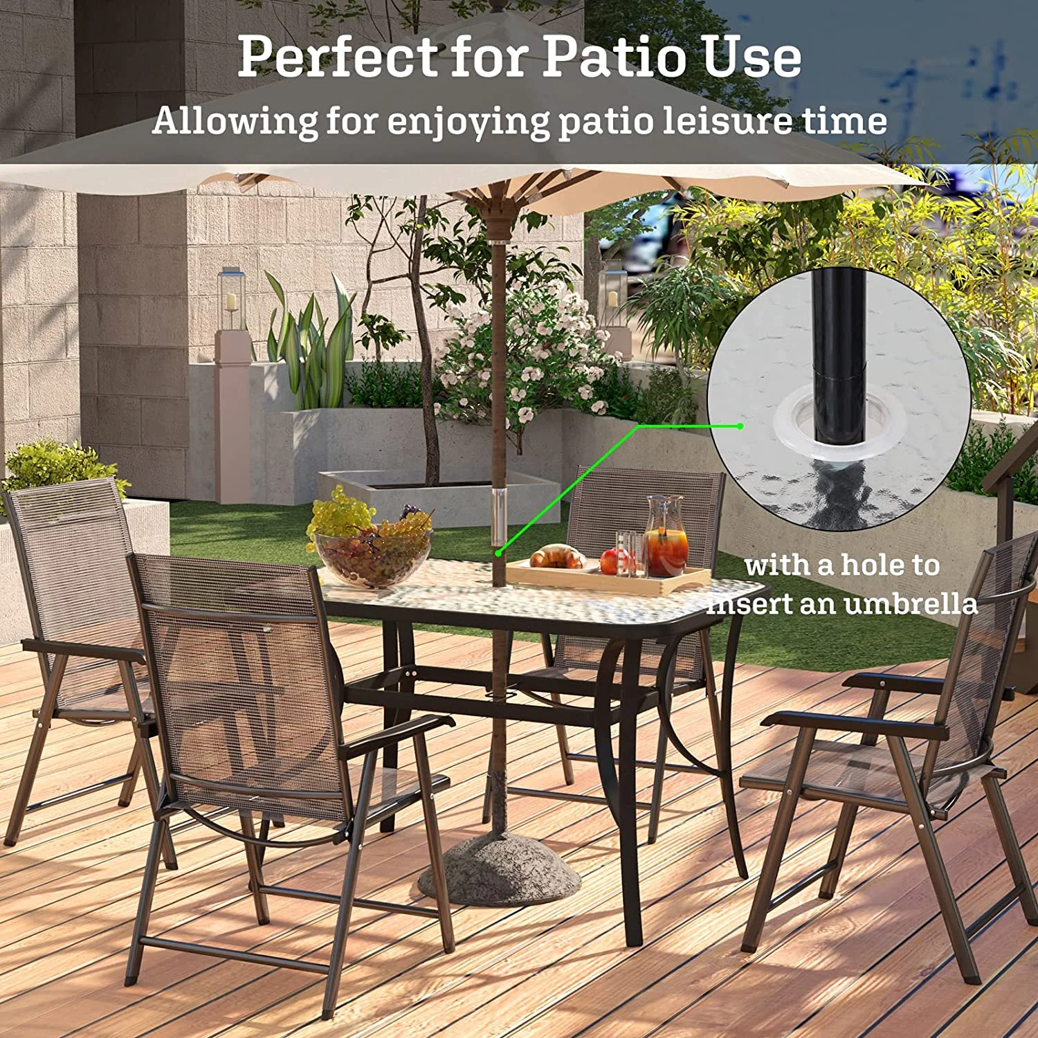 Soges 47 Inch Outdoor Tempered Glass Table Patio Table, Patio Coffee Table, Outdoor Dining Table for Garden, Balcony, Backyard, Poolside, Lawn, Bistro Table with Umbrella Hole, Black