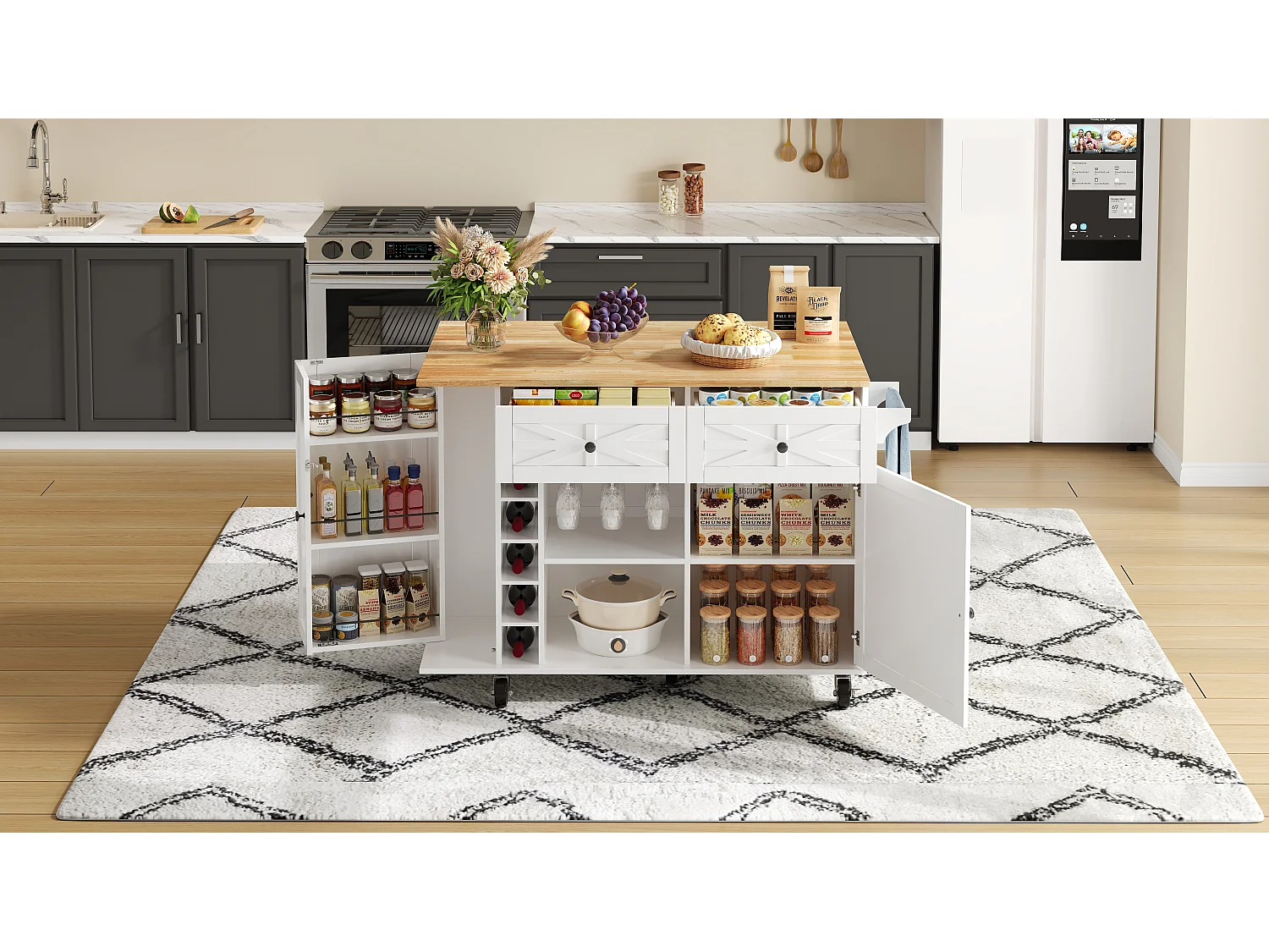 Îlot de cuisine sur roulettes - Avec 2 tiroirs, porte et casier à vin - Blanc 120 x 45(70) x 89 cm