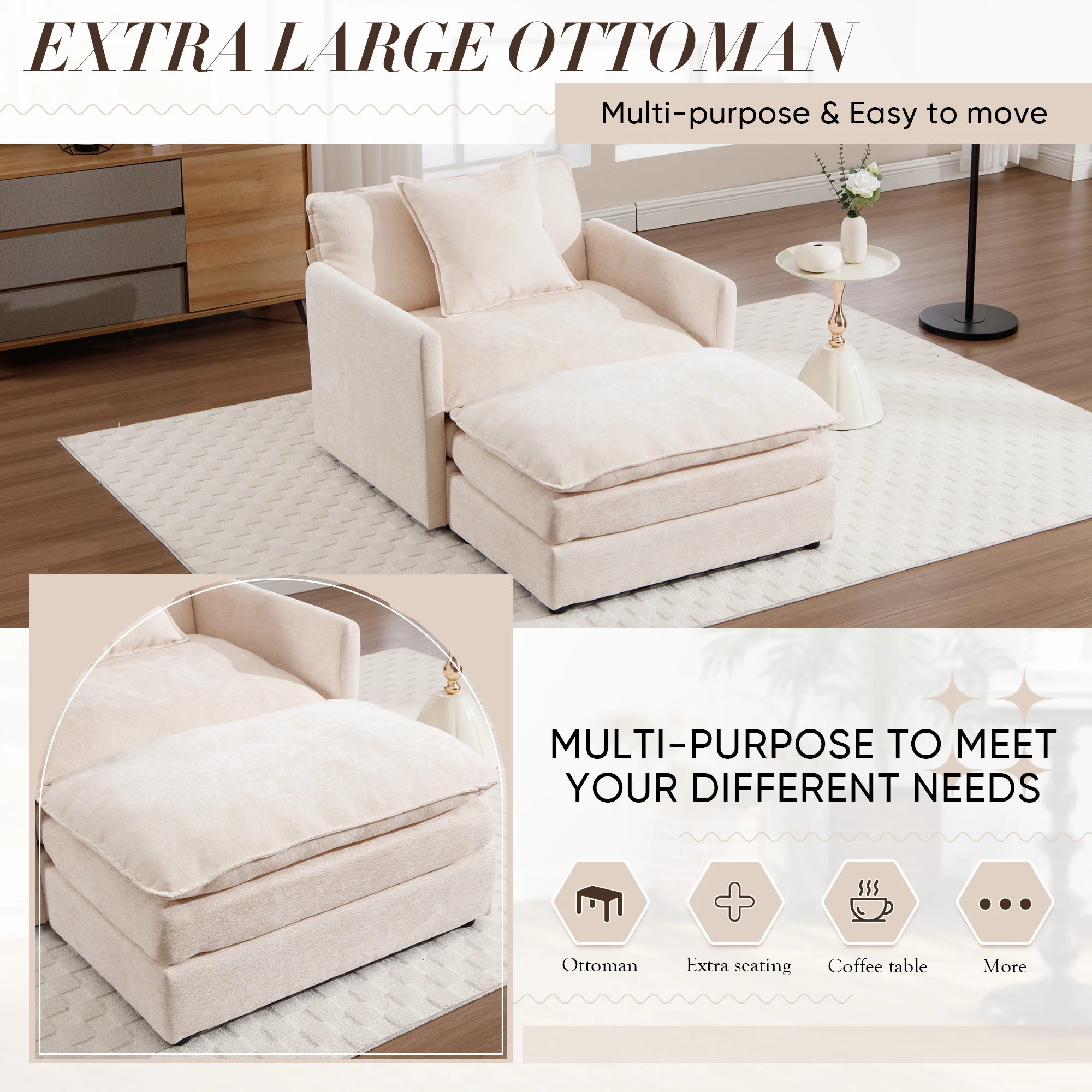 Muumblus Oversized Lounge Chair with Ottoman, Cloud Accent Armchair for Living Room, Beige Chenille - Image 15
