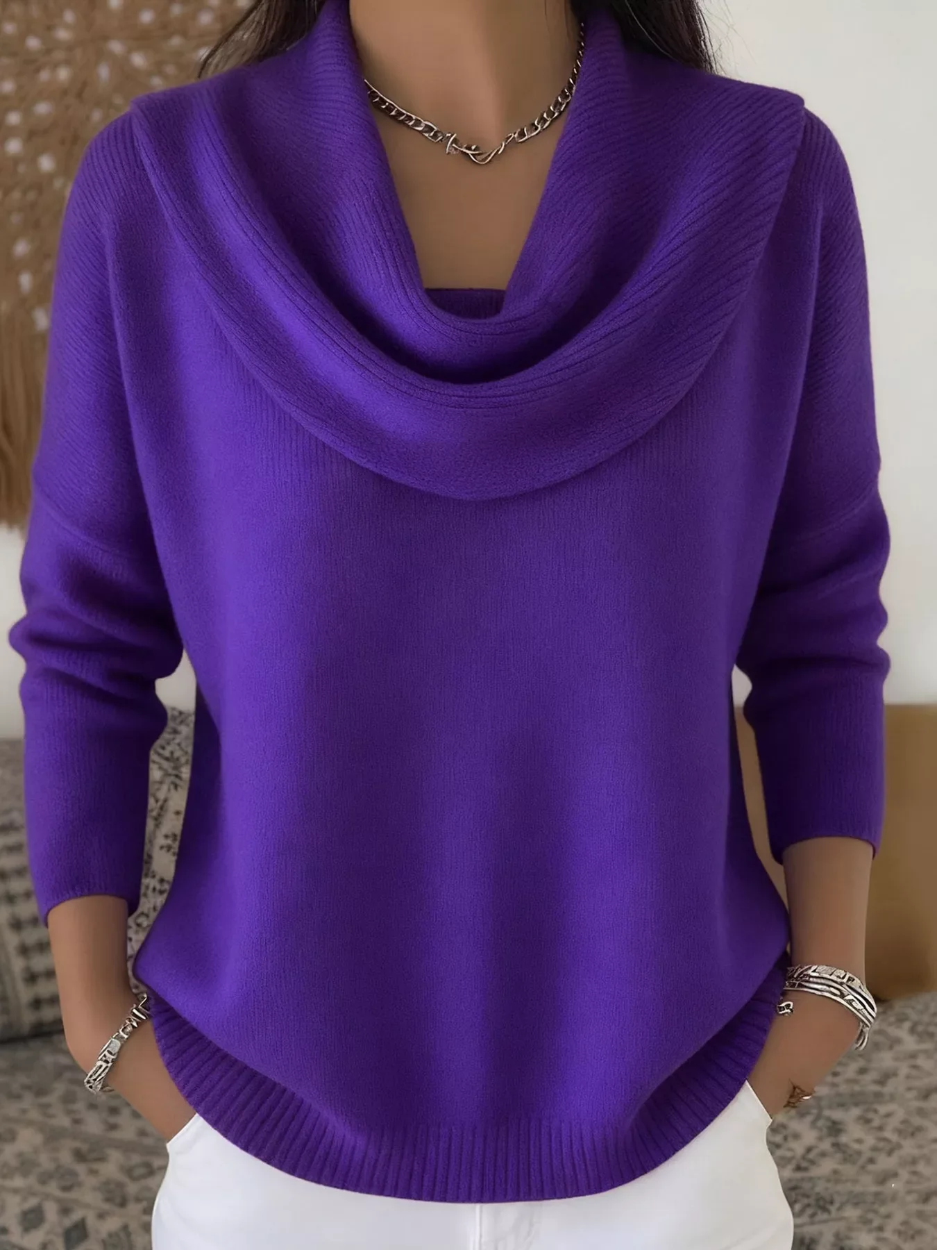 Drape Neck Long Sleeve Knit Top - ZKZOOK