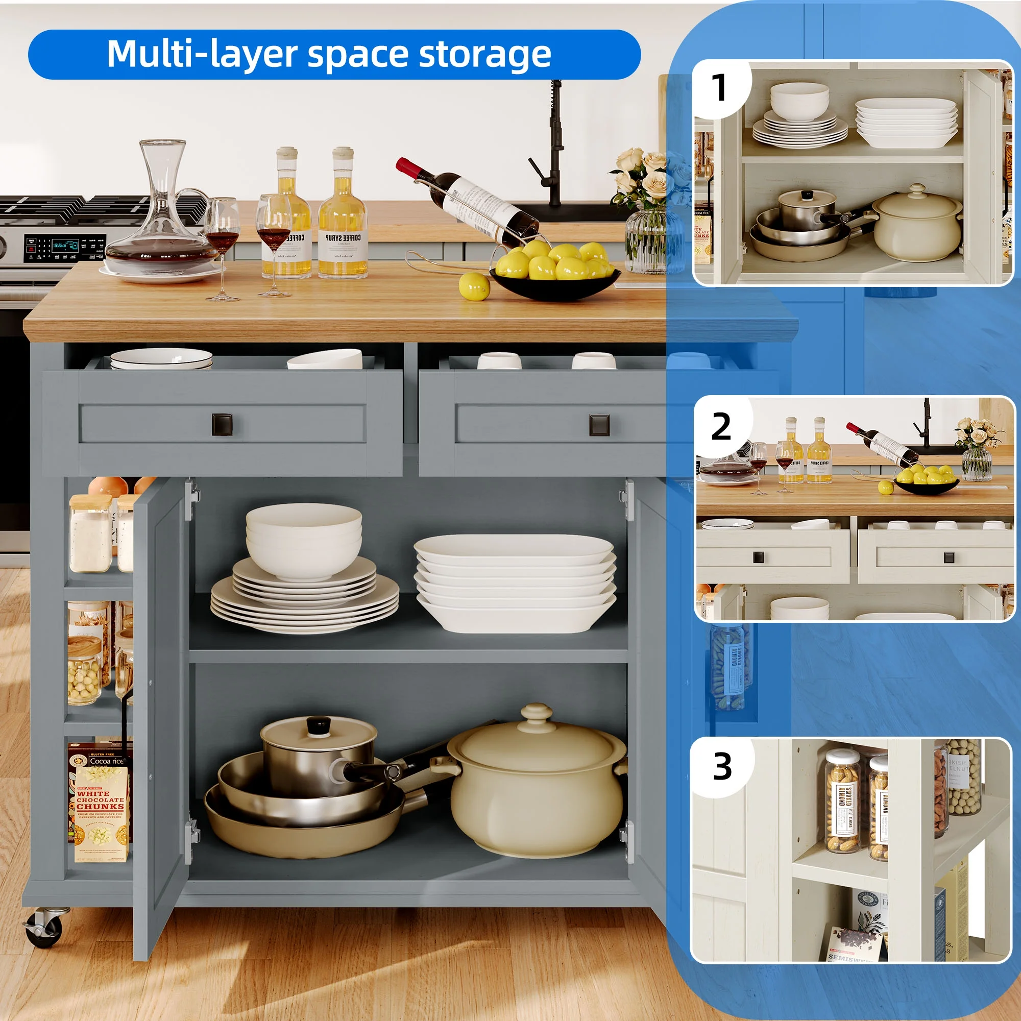 Uforic Kitchen Island Cart with Power Outlets, Kitchen Storage Trolley Cart with Storage Shelves & Drawers, Off-White