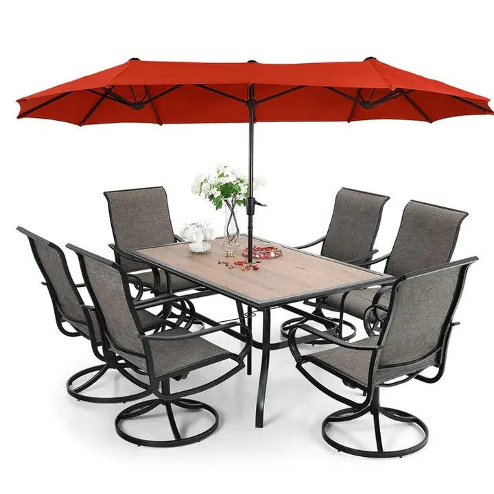 8-Piece Patio Dining Set With Umbrella And 6 Sling Dining Swivel Chairs